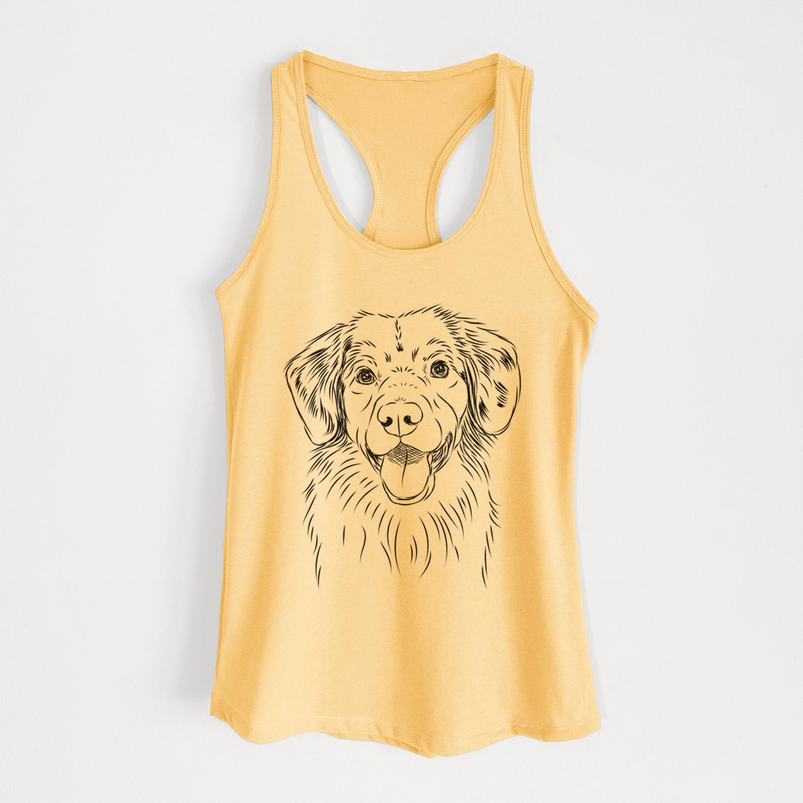 Hand-drawn sketch of Weston the Nova Scotia Duck Tolling Retriever on a Banana Cream Women's racerback tanktop