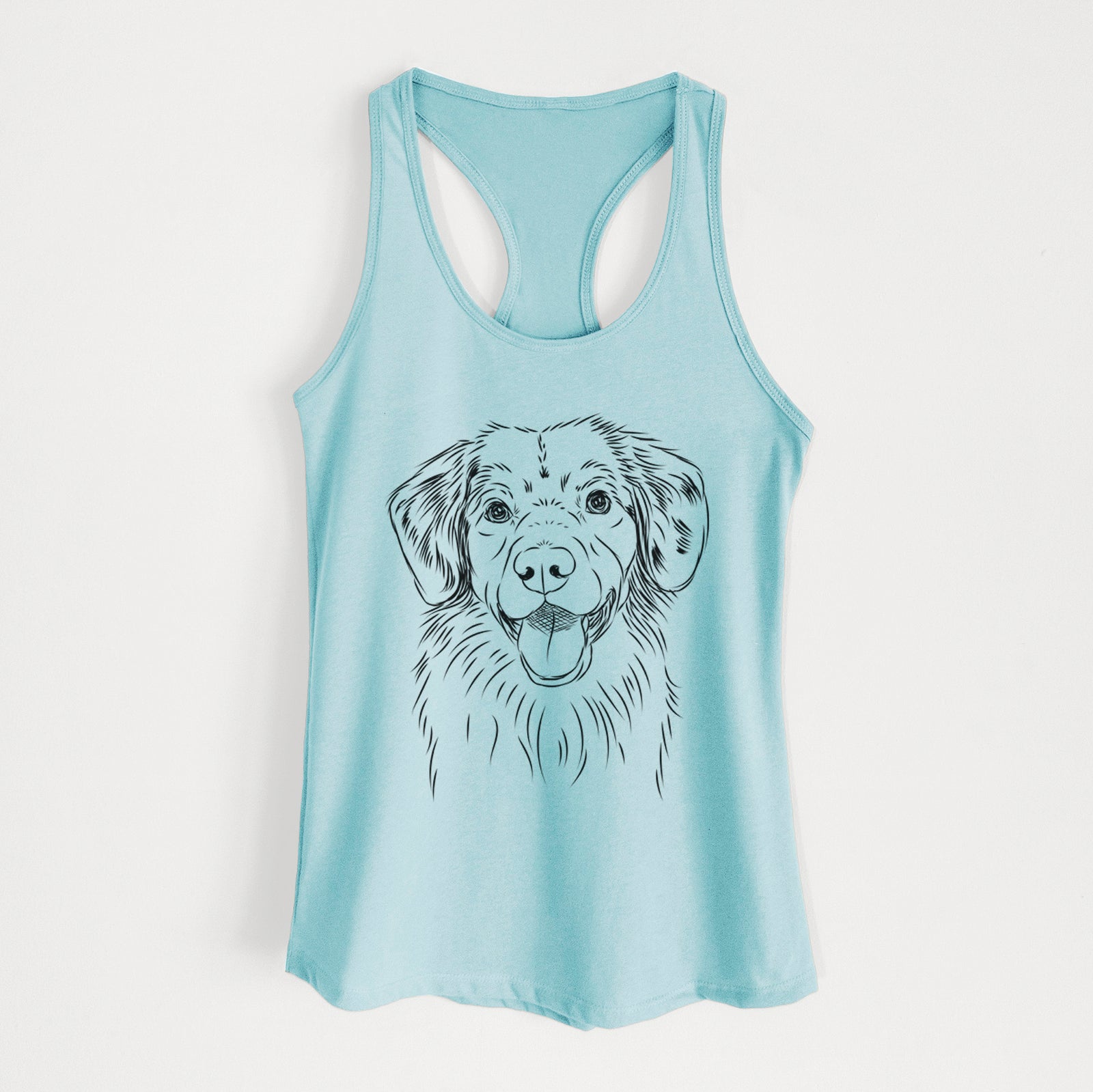 Hand-drawn sketch of Weston the Nova Scotia Duck Tolling Retriever on a Cancun Blue Women's racerback tanktop