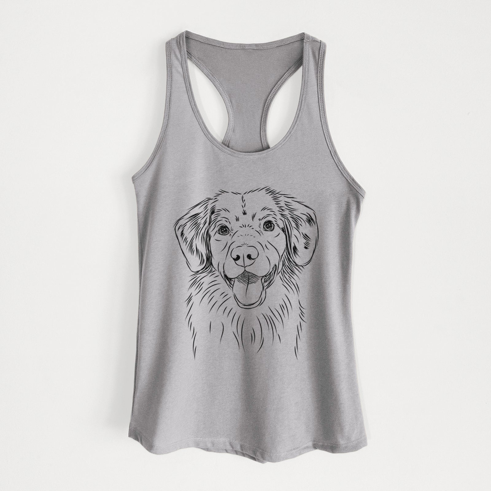 Hand-drawn sketch of Weston the Nova Scotia Duck Tolling Retriever on a Heather Grey Women's racerback tanktop
