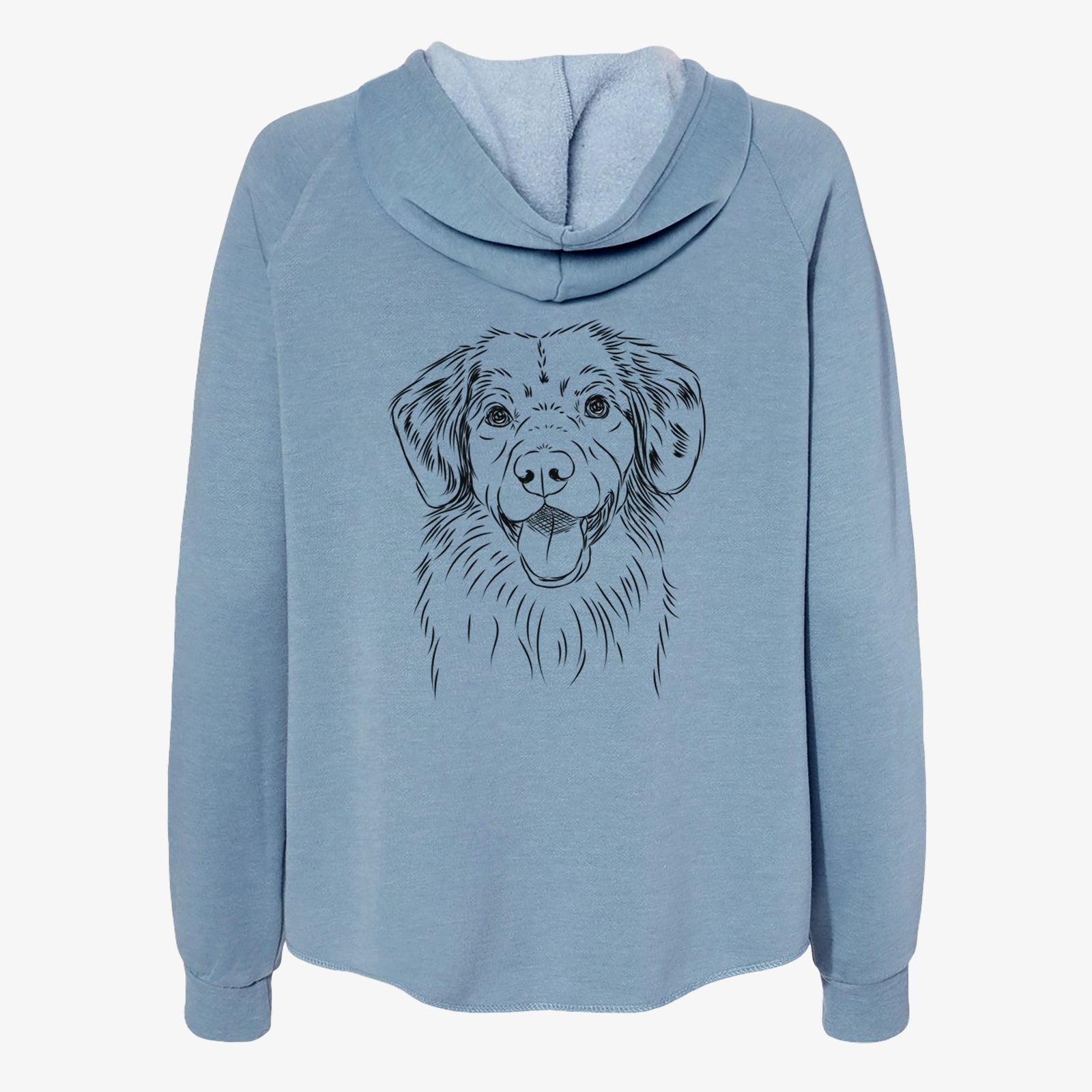 Hand-drawn sketch of Weston the Nova Scotia Duck Tolling Retriever on a Misty Blue Women's cali wave zip-up sweatshirt