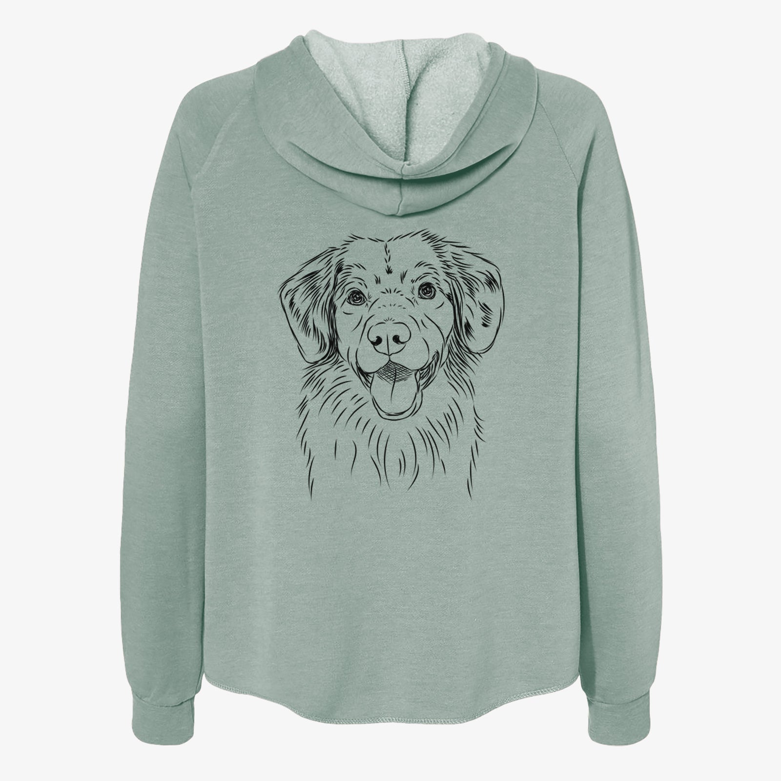 Hand-drawn sketch of Weston the Nova Scotia Duck Tolling Retriever on a Sage Women's cali wave zip-up sweatshirt
