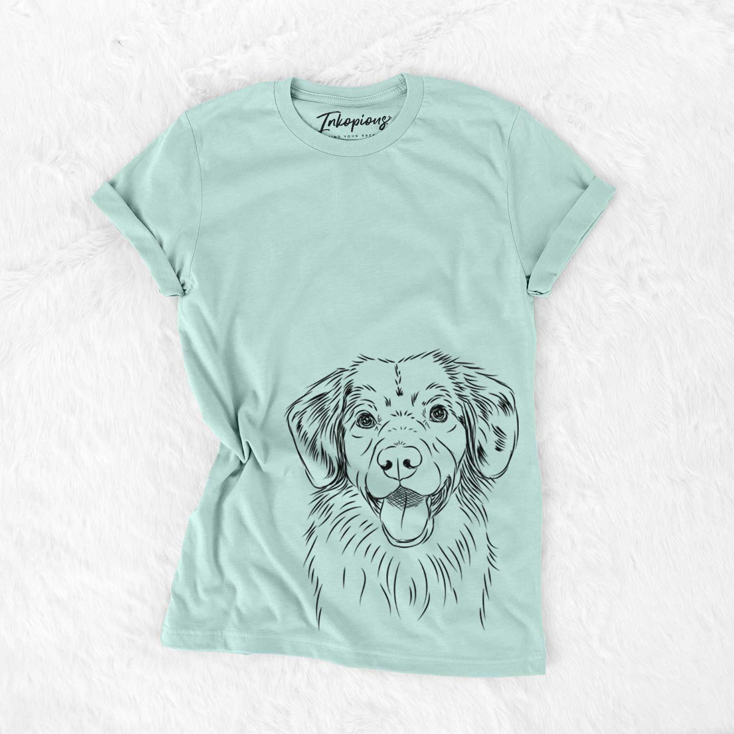 Hand-drawn sketch of Weston the Nova Scotia Duck Tolling Retriever on a Heather Sage Unisex crewneck