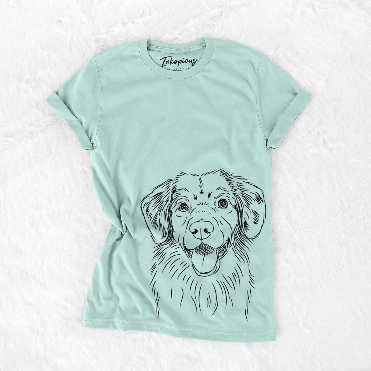 Hand-drawn sketch of Weston the Nova Scotia Duck Tolling Retriever on a Heather Sage Bella Canvas Unisex Crewneck