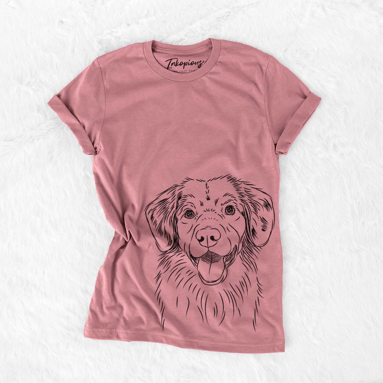 Hand-drawn sketch of Weston the Nova Scotia Duck Tolling Retriever on a Mauve Bella Canvas Unisex Crewneck