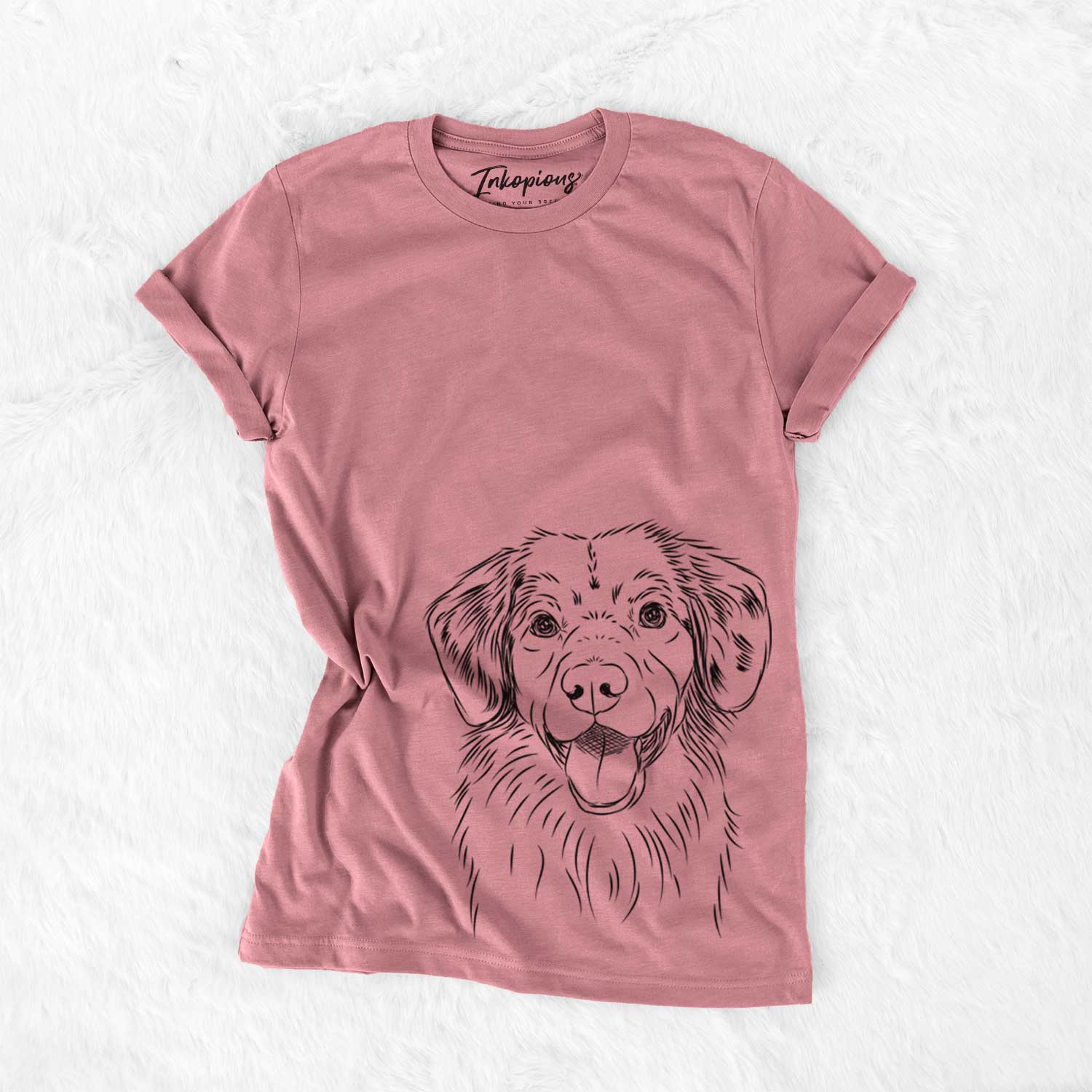 Hand-drawn sketch of Weston the Nova Scotia Duck Tolling Retriever on a Mauve Unisex crewneck