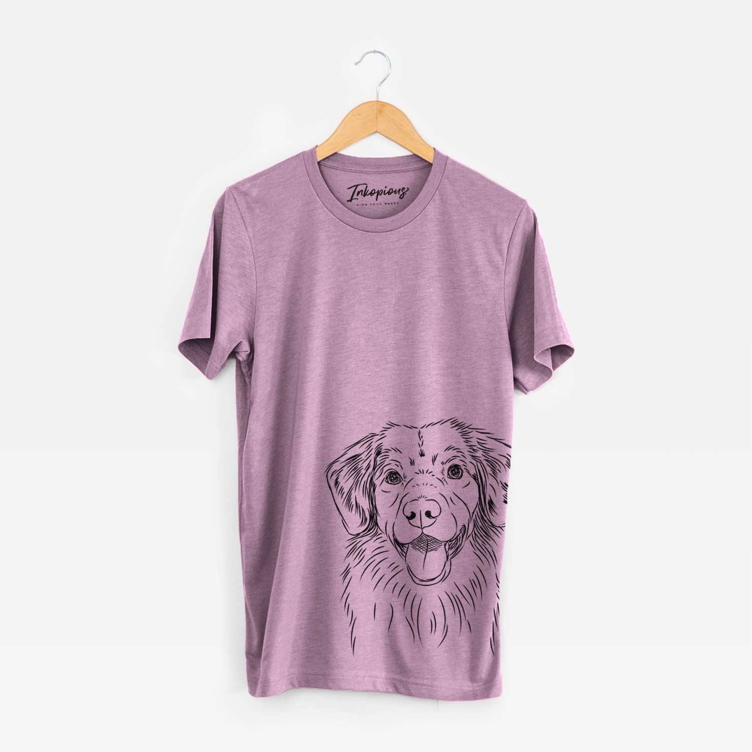Hand-drawn sketch of Weston the Nova Scotia Duck Tolling Retriever on an Orchid Bella Canvas Unisex Crewneck