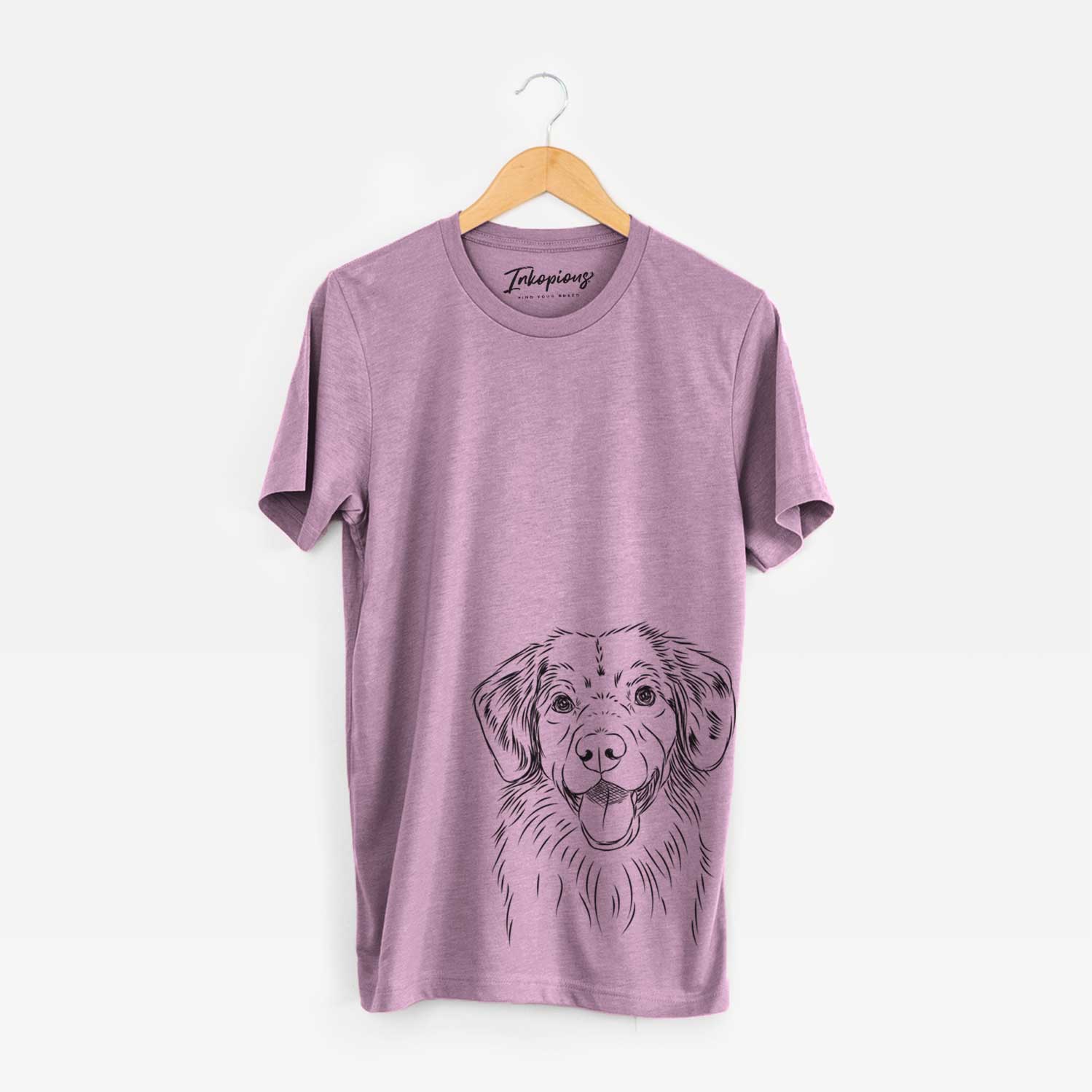 Hand-drawn sketch of Weston the Nova Scotia Duck Tolling Retriever on an Orchid Unisex crewneck