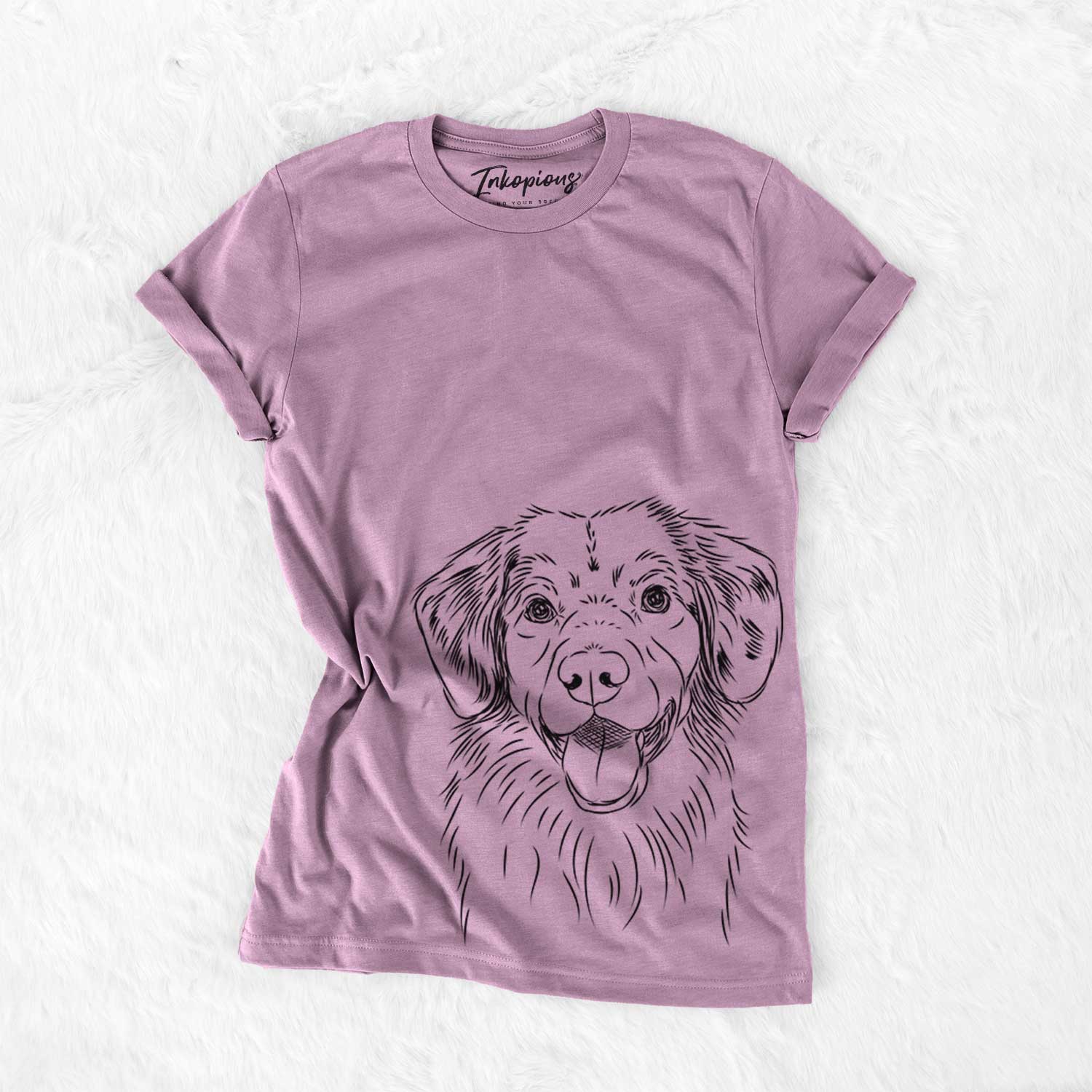 Hand-drawn sketch of Weston the Nova Scotia Duck Tolling Retriever on an Orchid Bella Canvas Unisex Crewneck