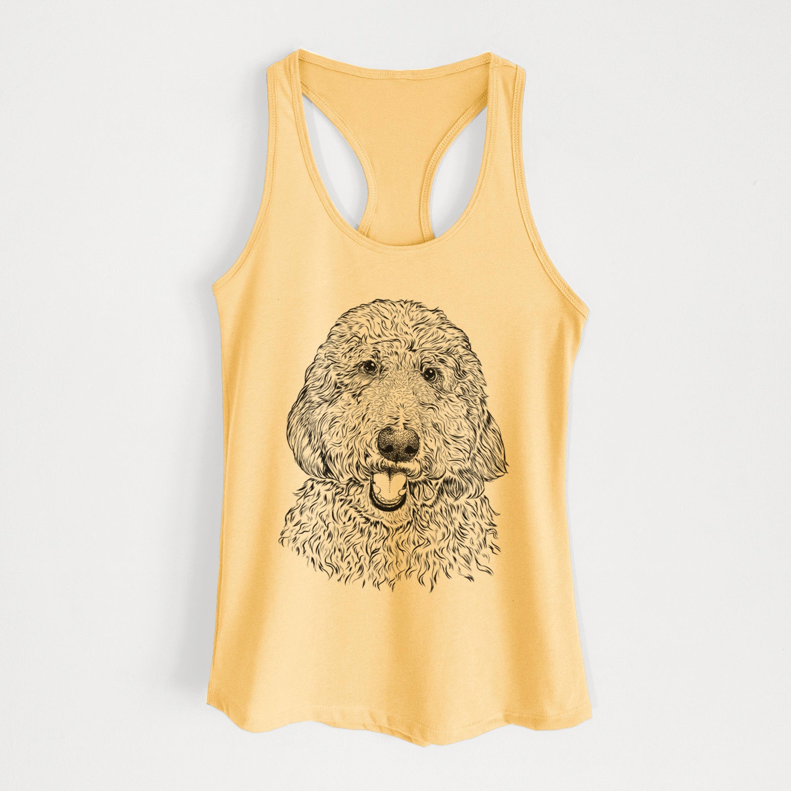 Hand-drawn sketch of Whisper the Goldendoodle on a Banana Cream Women's racerback tanktop