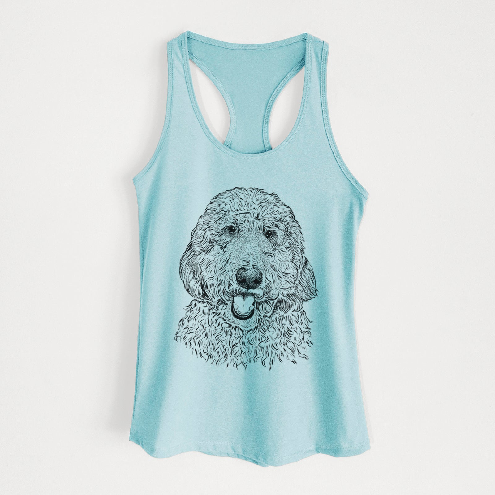 Hand-drawn sketch of Whisper the Goldendoodle on a Cancun Blue Women's racerback tanktop