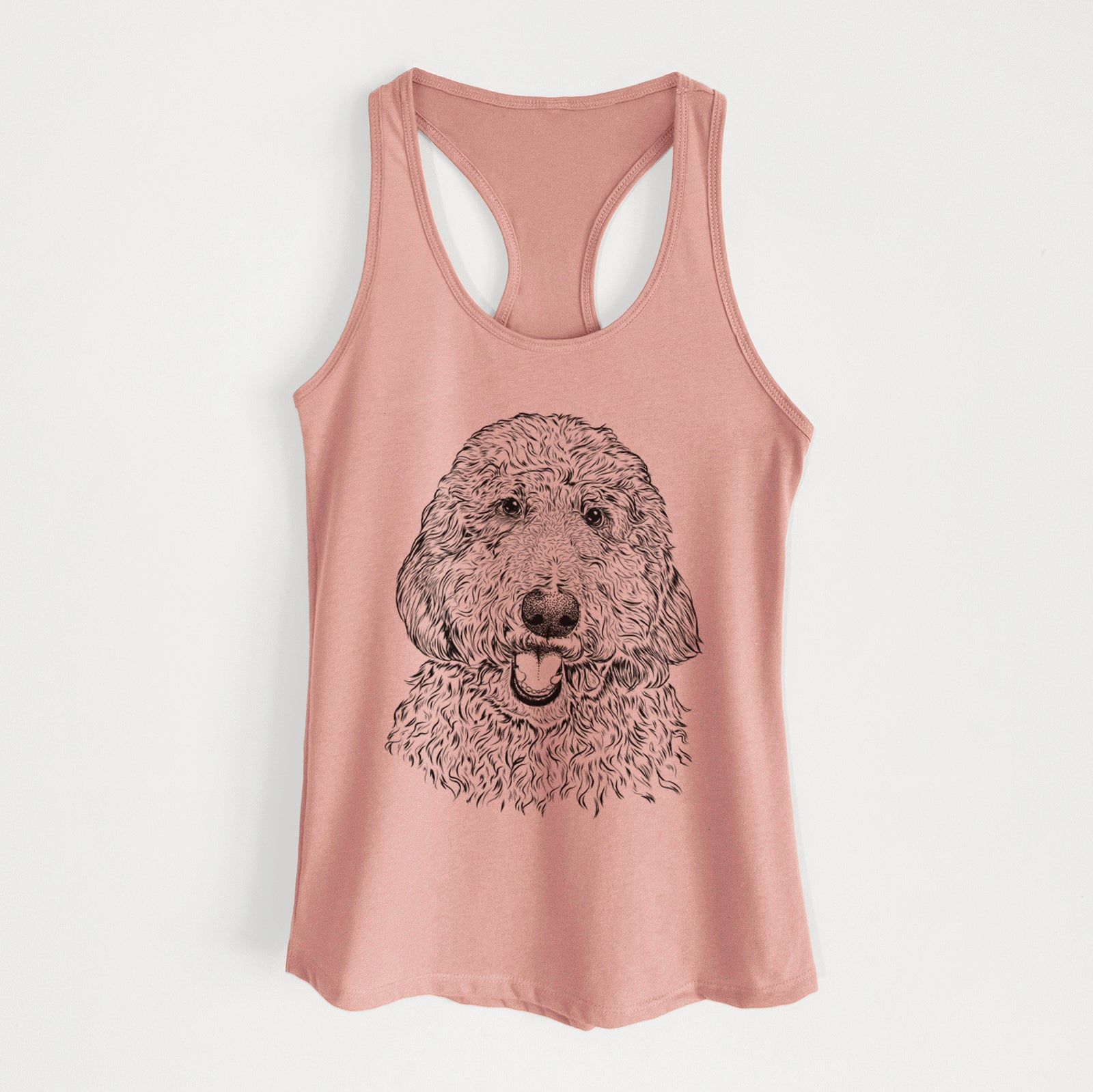 Hand-drawn sketch of Whisper the Goldendoodle on a Desert Pink Women's racerback tanktop