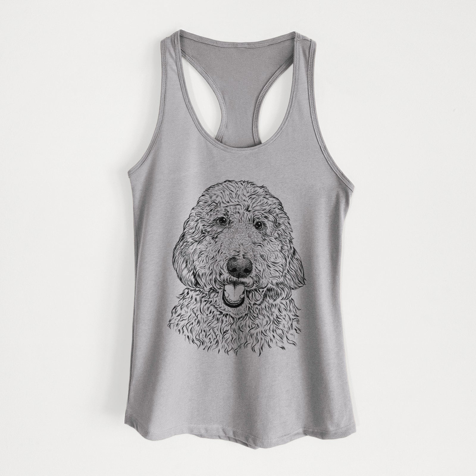 Hand-drawn sketch of Whisper the Goldendoodle on a Heather Grey Women's racerback tanktop