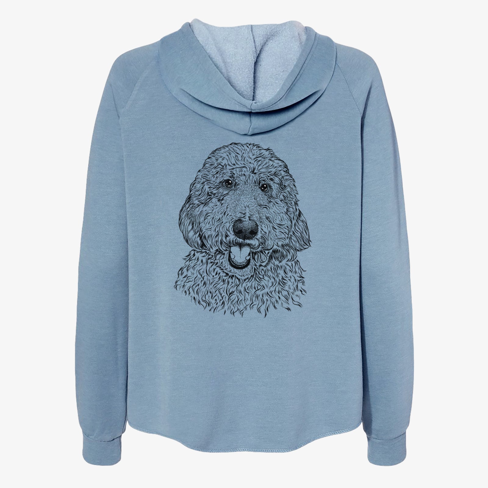 Hand-drawn sketch of Whisper the Goldendoodle on a Misty Blue Women's cali wave zip-up sweatshirt