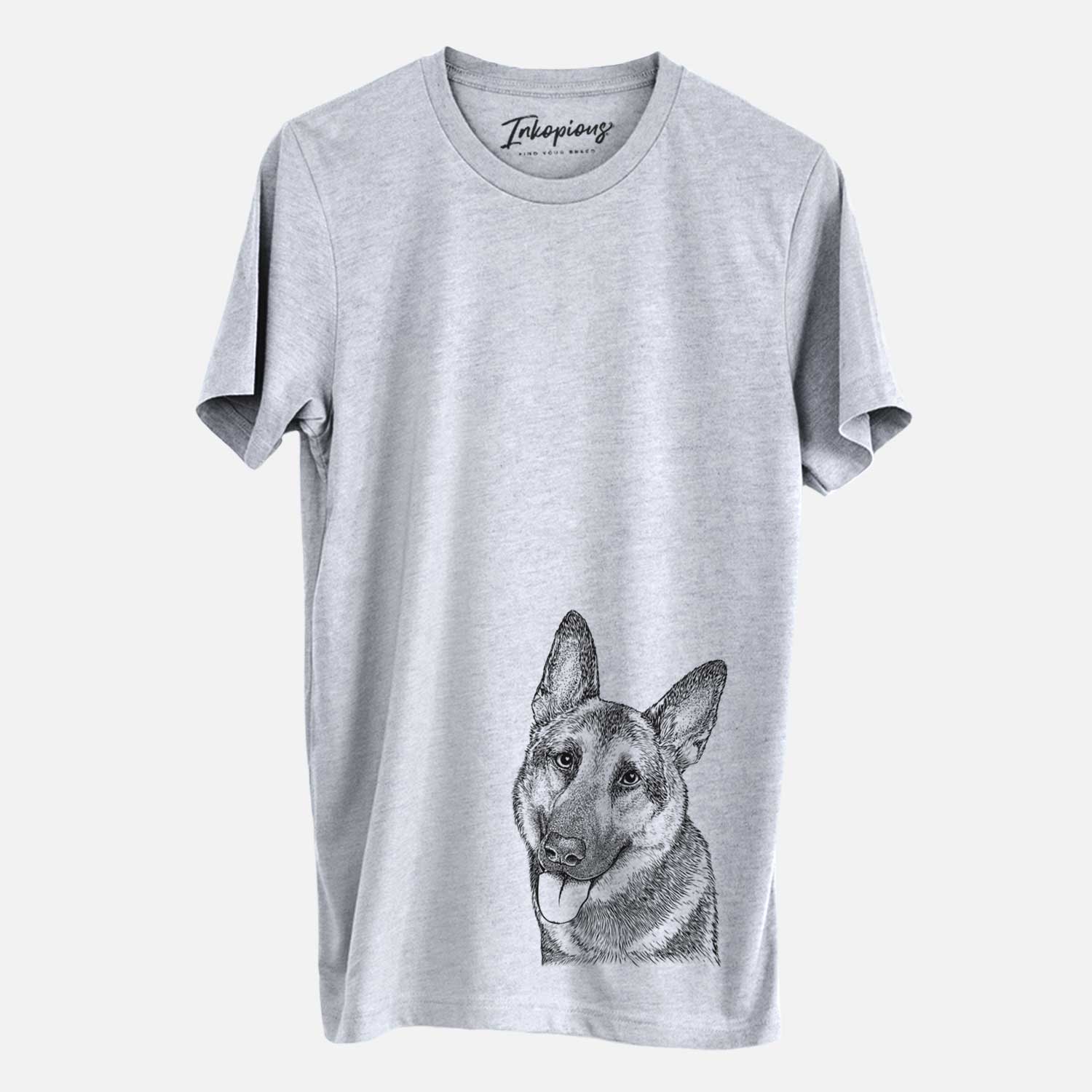 Hand-drawn sketch of Whitaker the German Shepherd on a Grey Unisex crewneck