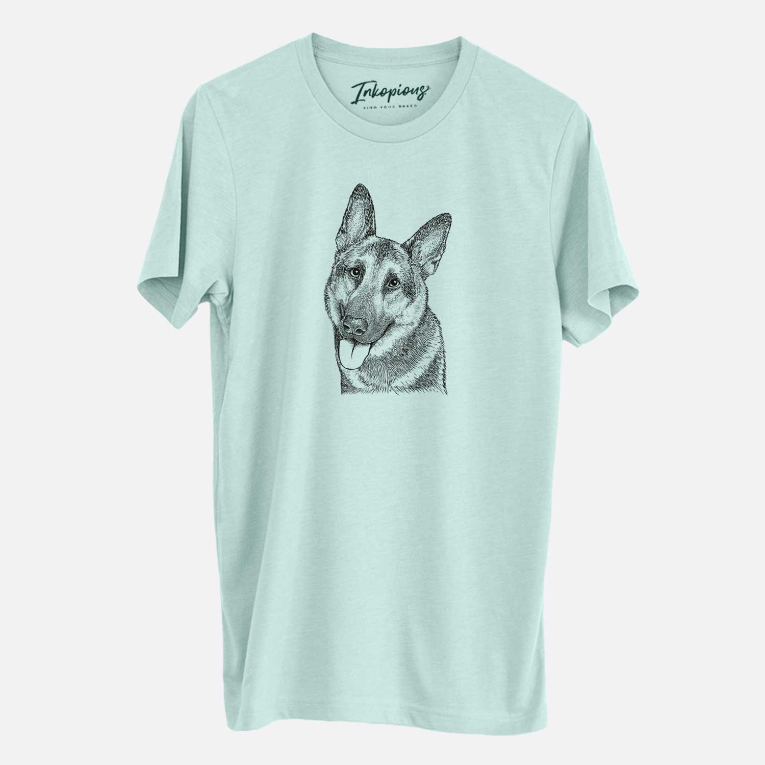 Hand-drawn sketch of Whitaker the German Shepherd on a Heather Sage Unisex crewneck