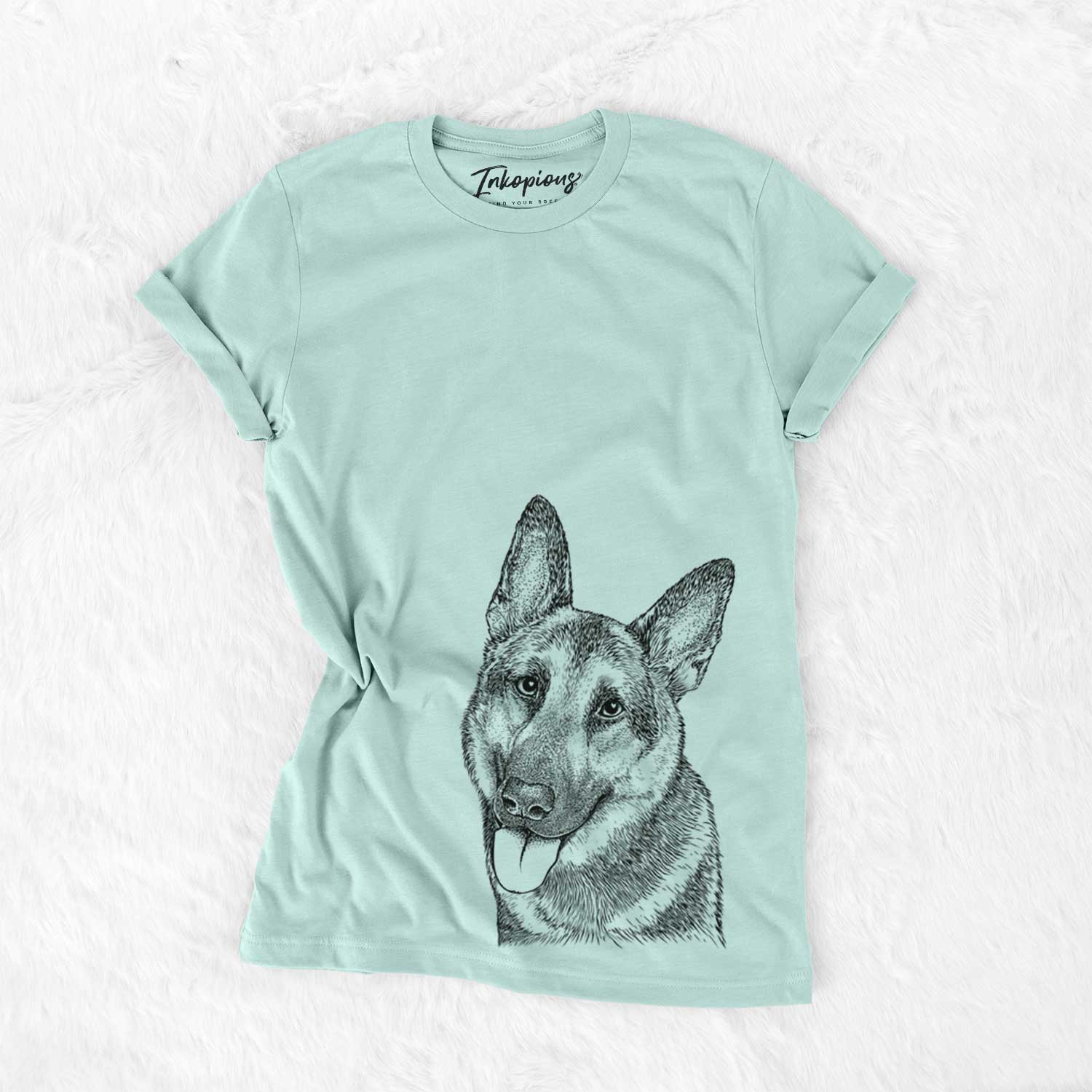 Hand-drawn sketch of Whitaker the German Shepherd on a Heather Sage Unisex crewneck