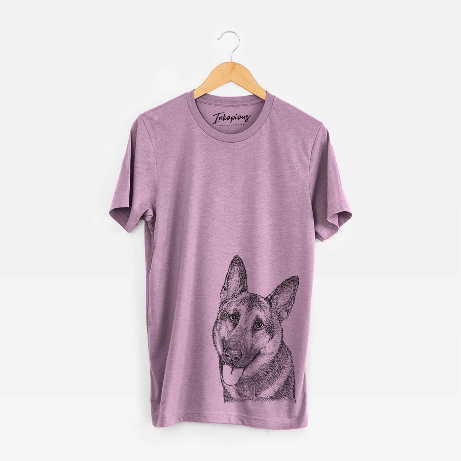 Hand-drawn sketch of Whitaker the German Shepherd on an Orchid Unisex crewneck