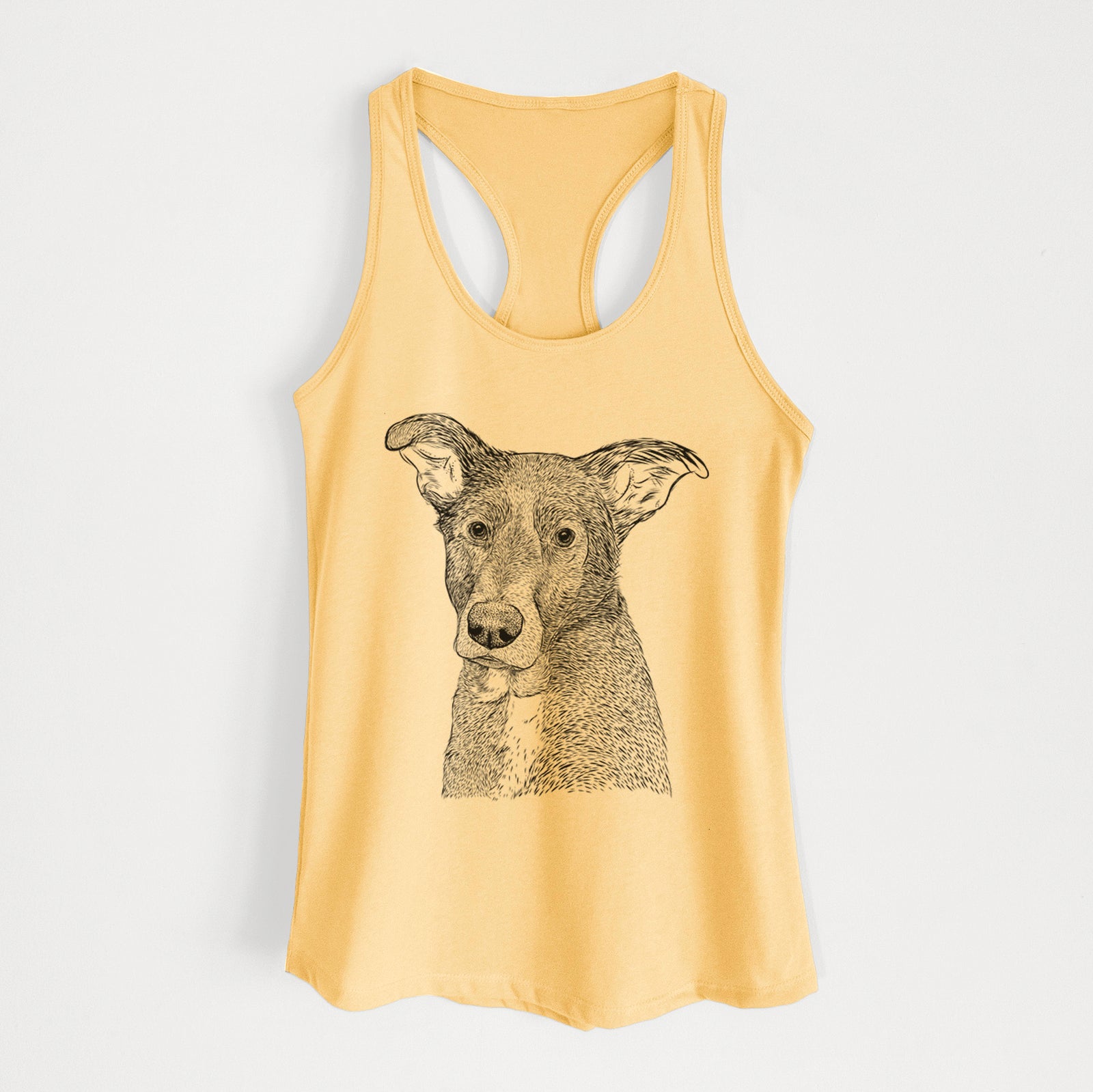 Hand-drawn sketch of Wilbur the Shepherd Mix on a Banana Cream Women's racerback tanktop