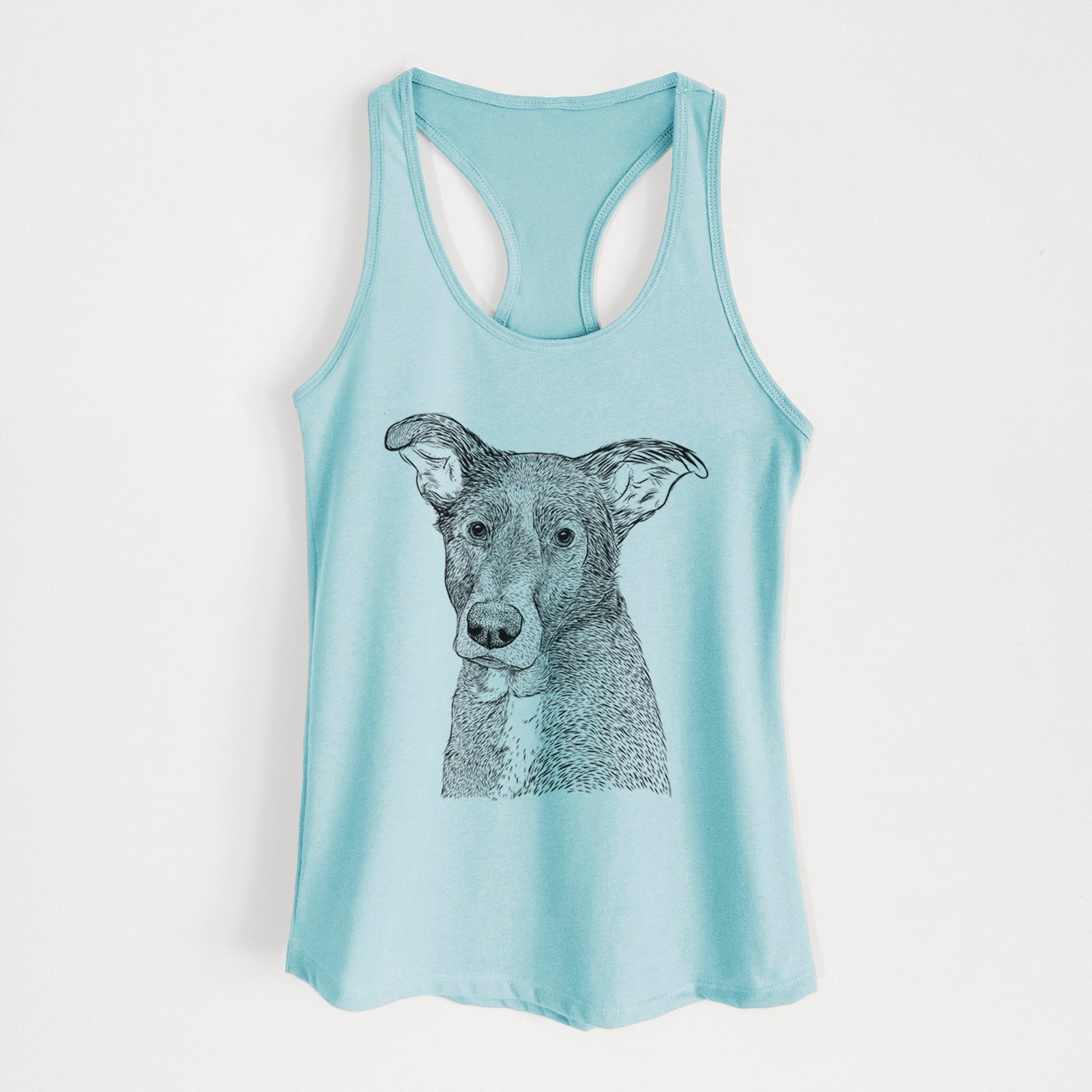 Hand-drawn sketch of Wilbur the Shepherd Mix on a Cancun Blue Women's racerback tanktop