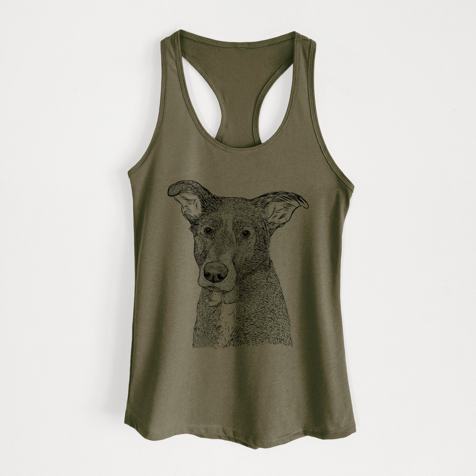 Hand-drawn sketch of Wilbur the Shepherd Mix on a Military Green Women's racerback tanktop