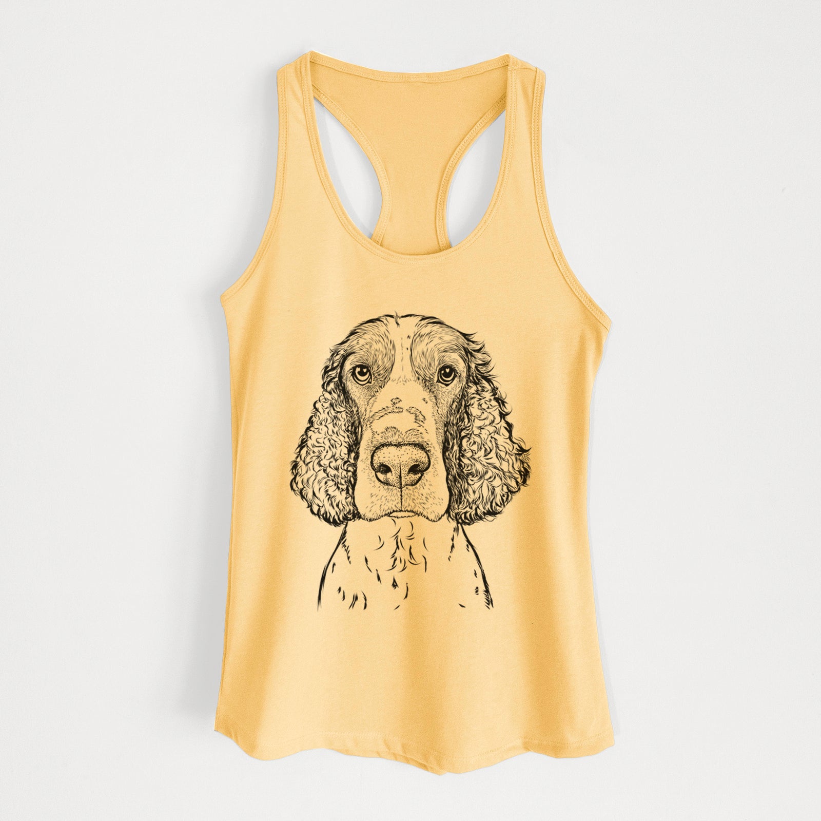 Hand-drawn sketch of Wilbur the English Springer Spaniel on a Banana Cream Women's racerback tanktop