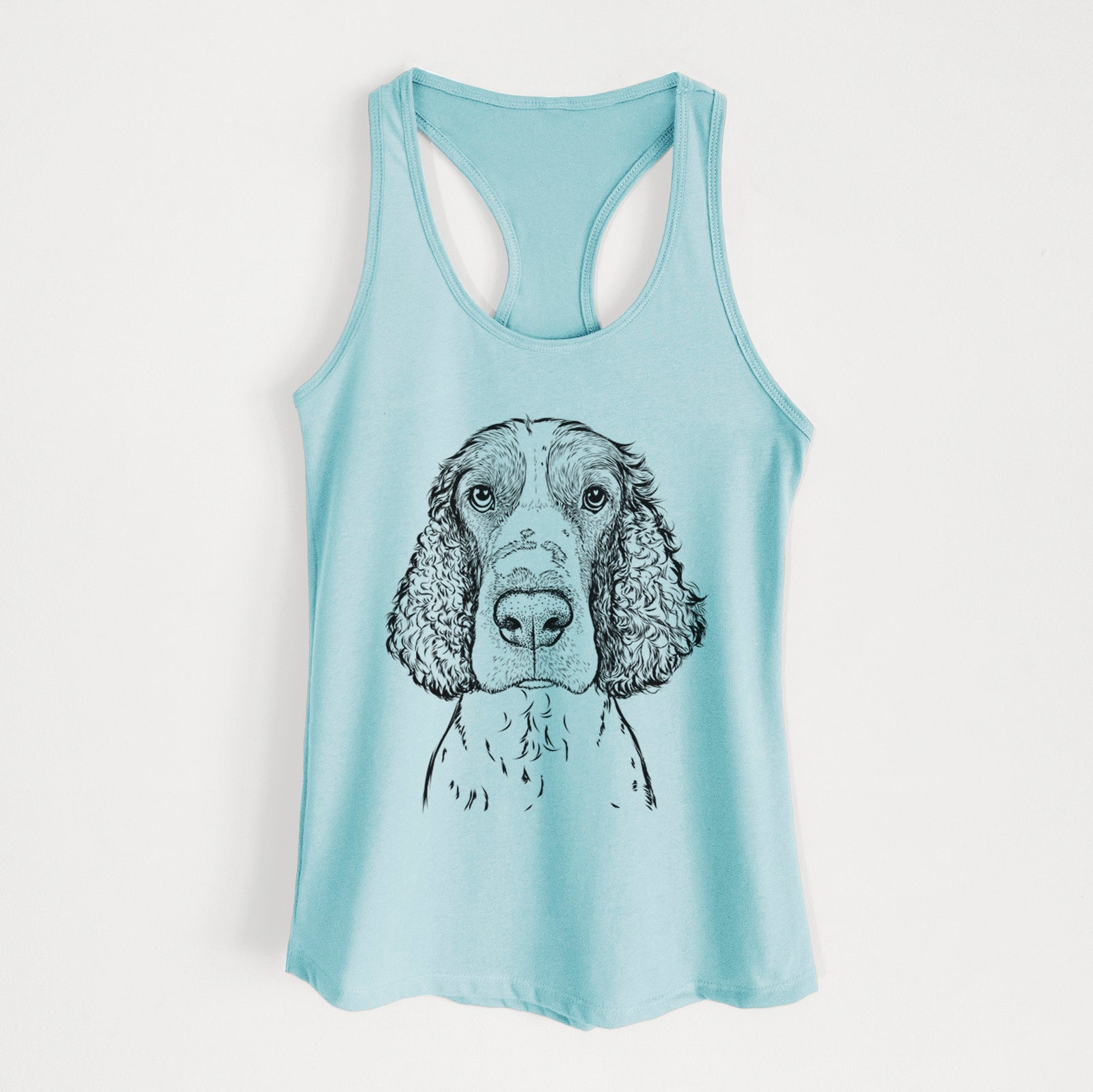 Hand-drawn sketch of Wilbur the English Springer Spaniel on a Cancun Blue Women's racerback tanktop