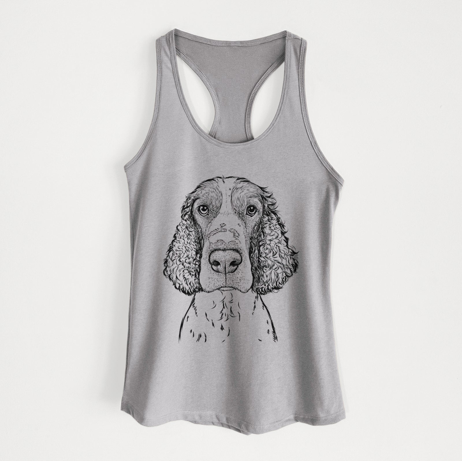 Hand-drawn sketch of Wilbur the English Springer Spaniel on a Heather Grey Women's racerback tanktop