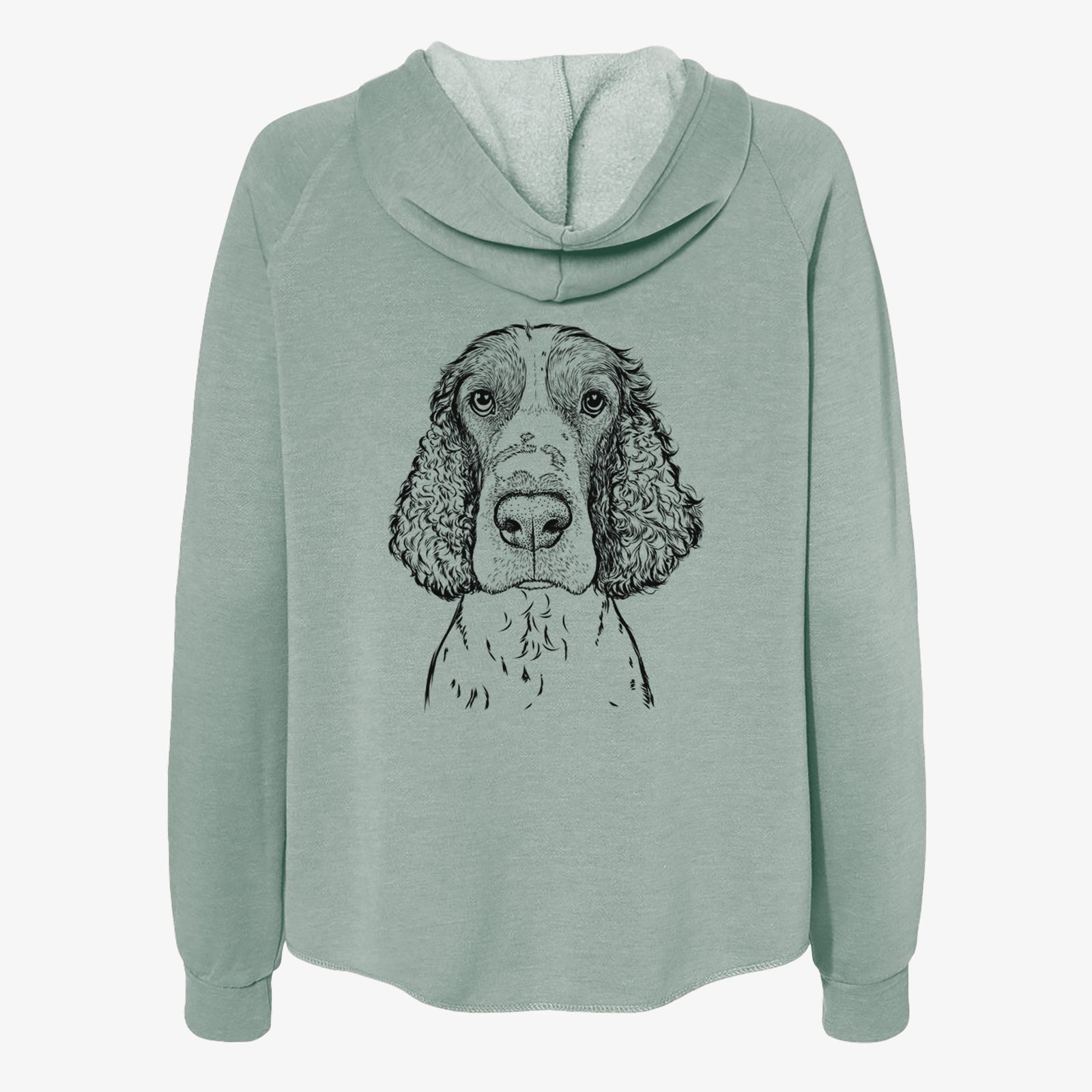 Hand-drawn sketch of Wilbur the English Springer Spaniel on a Sage Women's cali wave zip-up sweatshirt