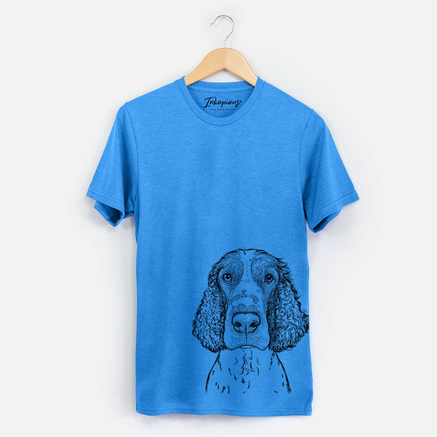 Hand-drawn sketch of Wilbur the English Springer Spaniel on a Blue Unisex crewneck