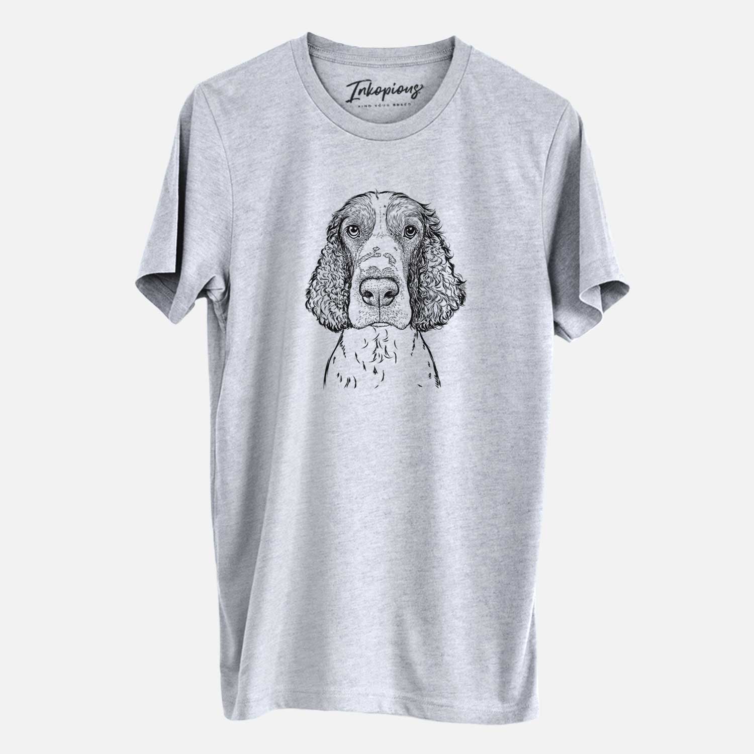 Hand-drawn sketch of Wilbur the English Springer Spaniel on a Grey Unisex crewneck