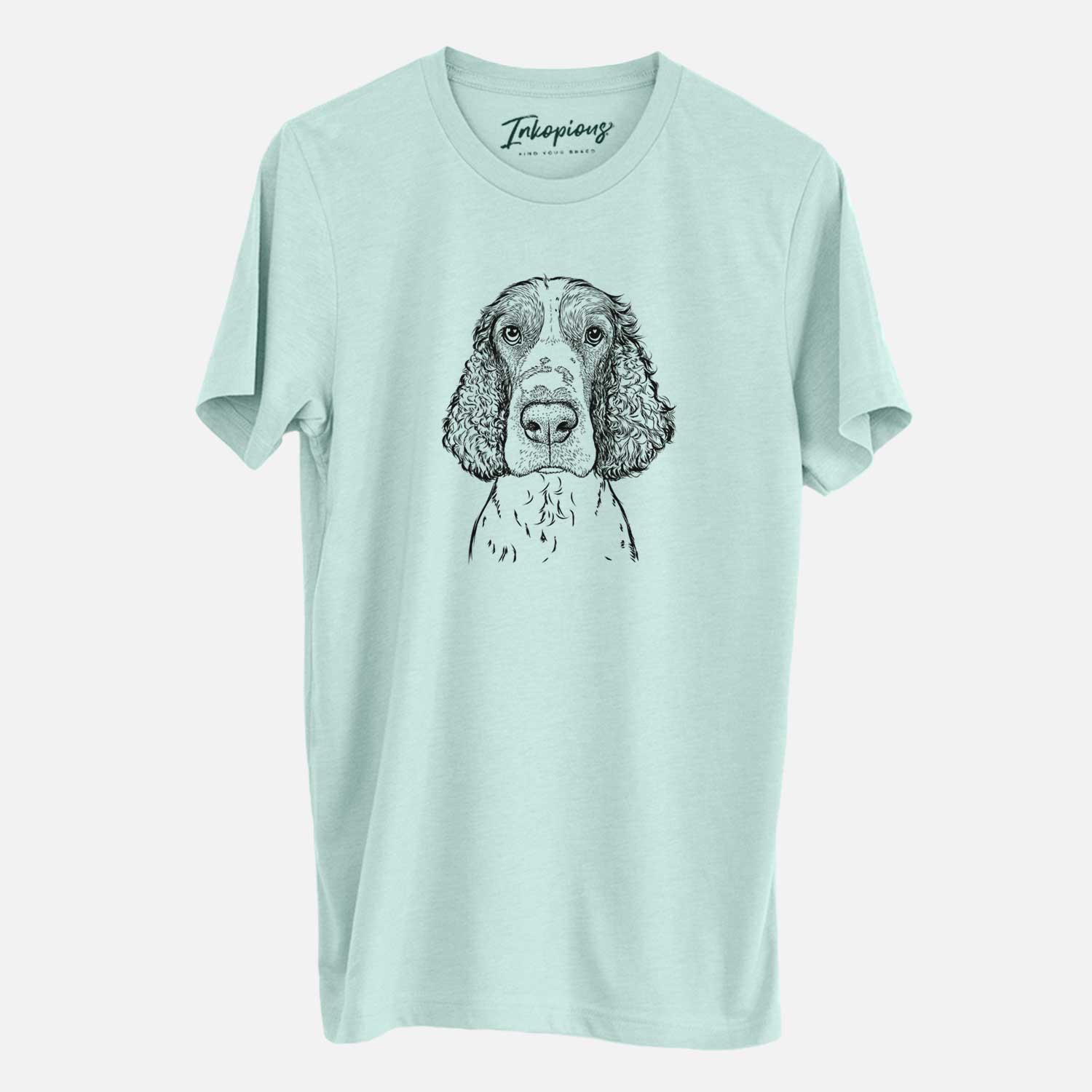 Hand-drawn sketch of Wilbur the English Springer Spaniel on a Heather Sage Unisex crewneck