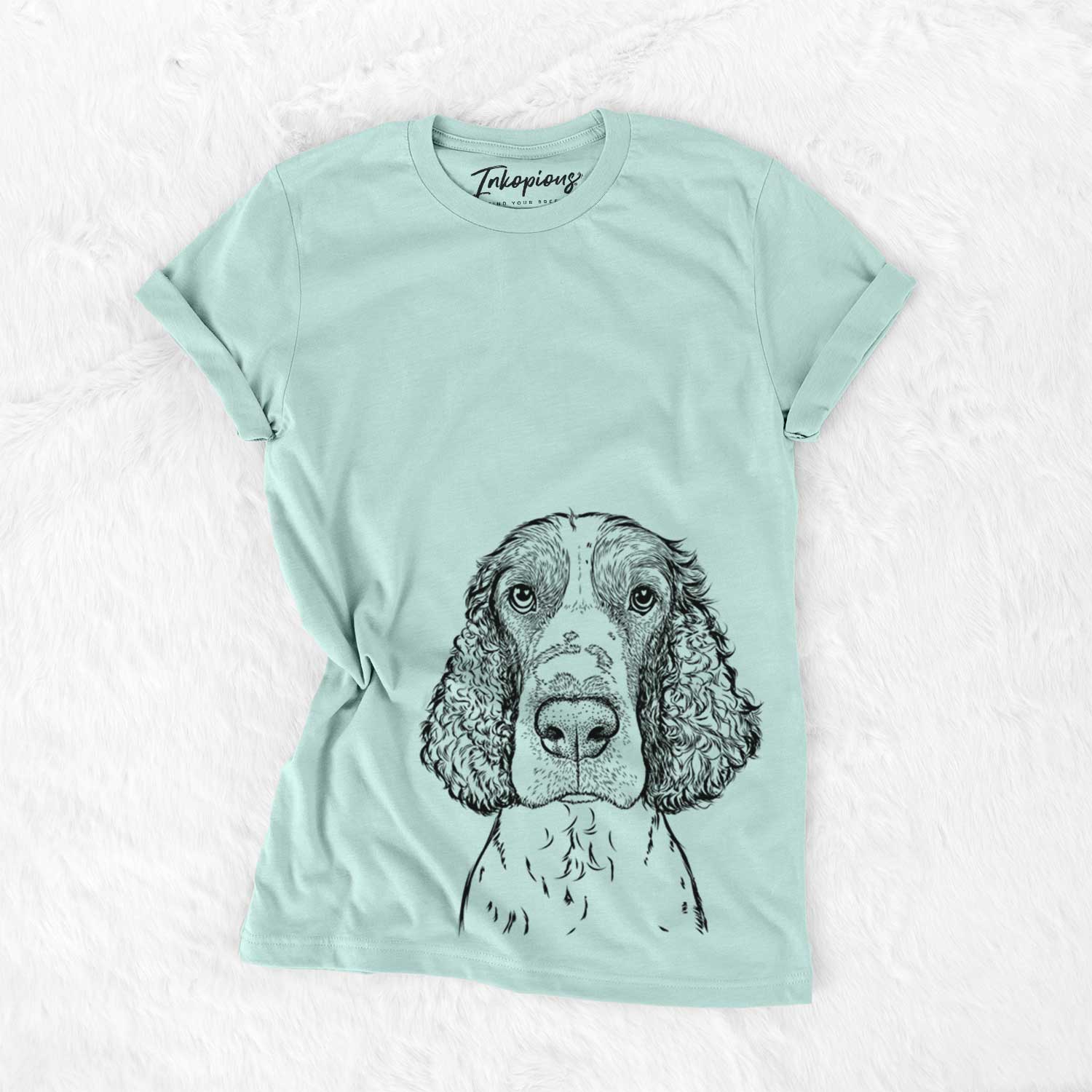 Hand-drawn sketch of Wilbur the English Springer Spaniel on a Heather Sage Bella Canvas Unisex Crewneck