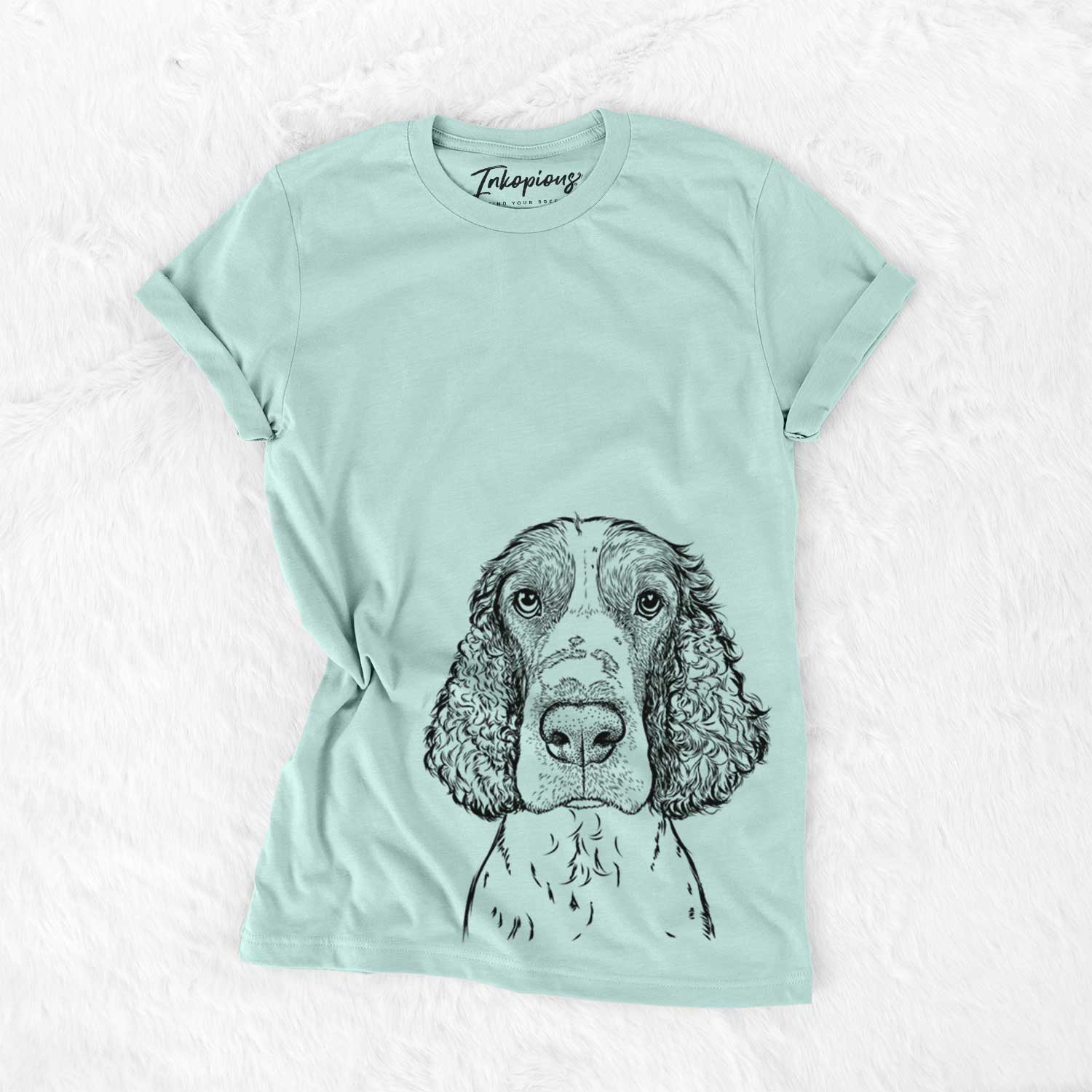 Hand-drawn sketch of Wilbur the English Springer Spaniel on a Heather Sage Unisex crewneck