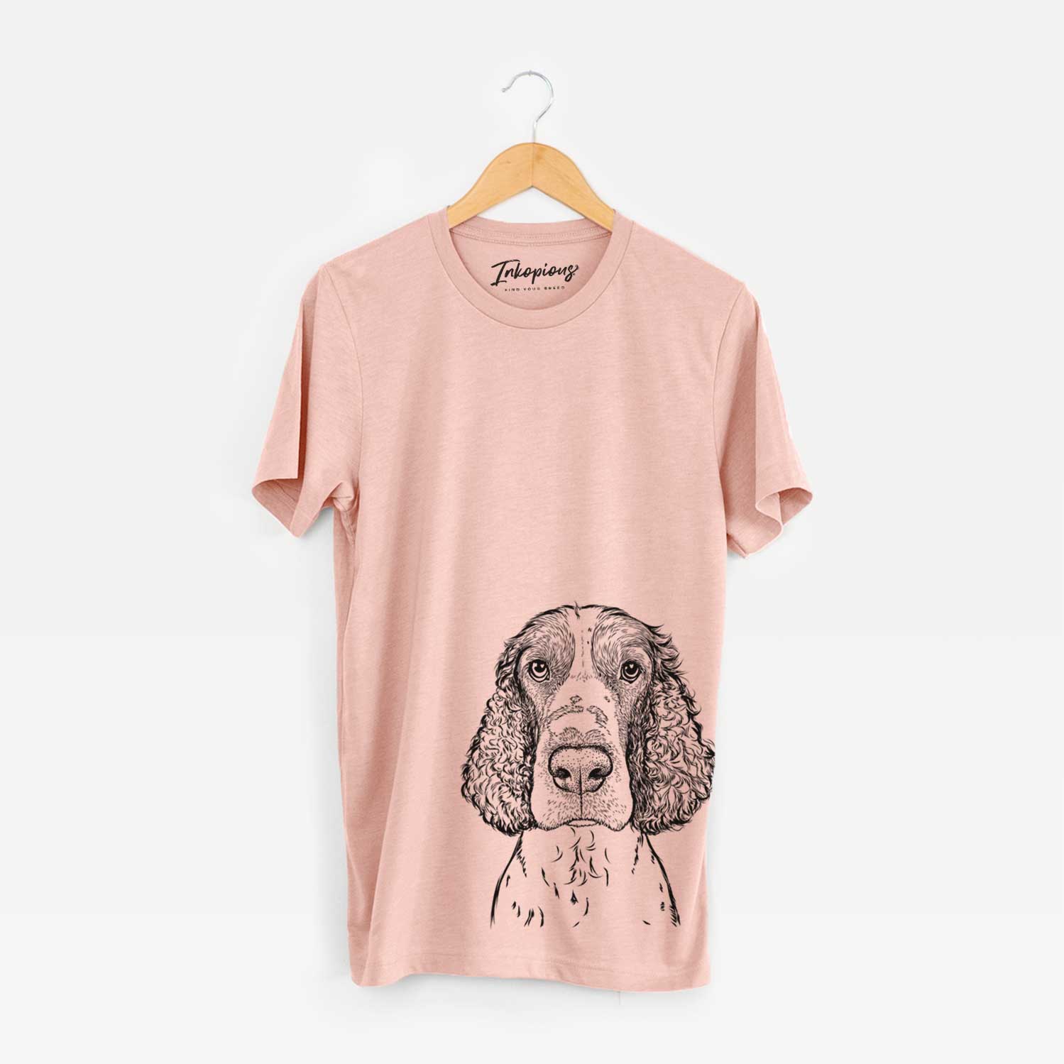 Hand-drawn sketch of Wilbur the English Springer Spaniel on a Peach Unisex crewneck