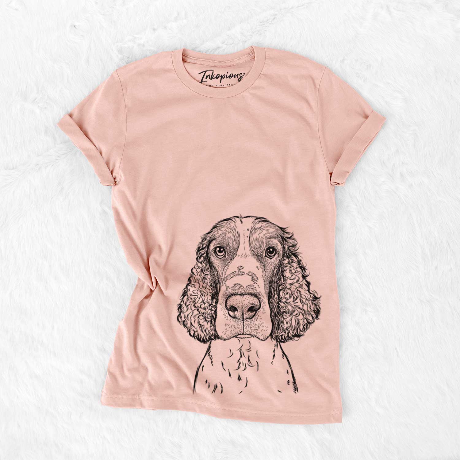 Hand-drawn sketch of Wilbur the English Springer Spaniel on a Peach Bella Canvas Unisex Crewneck