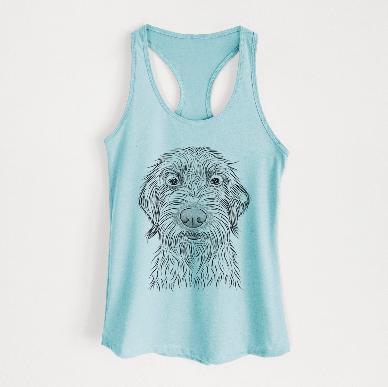 Hand-drawn sketch of Wilkins the Wirehaired Pointing Griffon on a Cancun Blue Women's racerback tanktop
