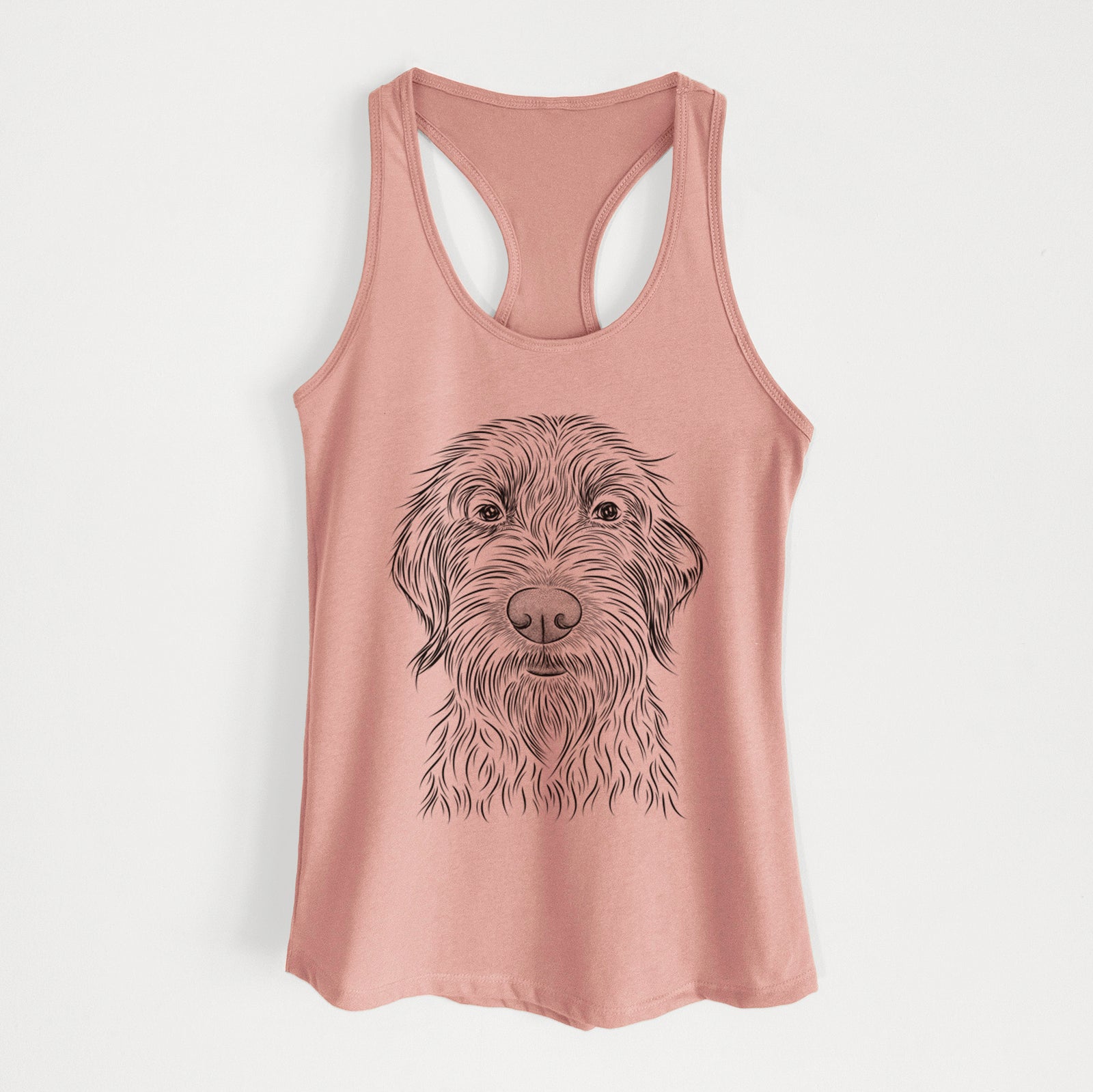 Hand-drawn sketch of Wilkins the Wirehaired Pointing Griffon on a Desert Pink Women's racerback tanktop