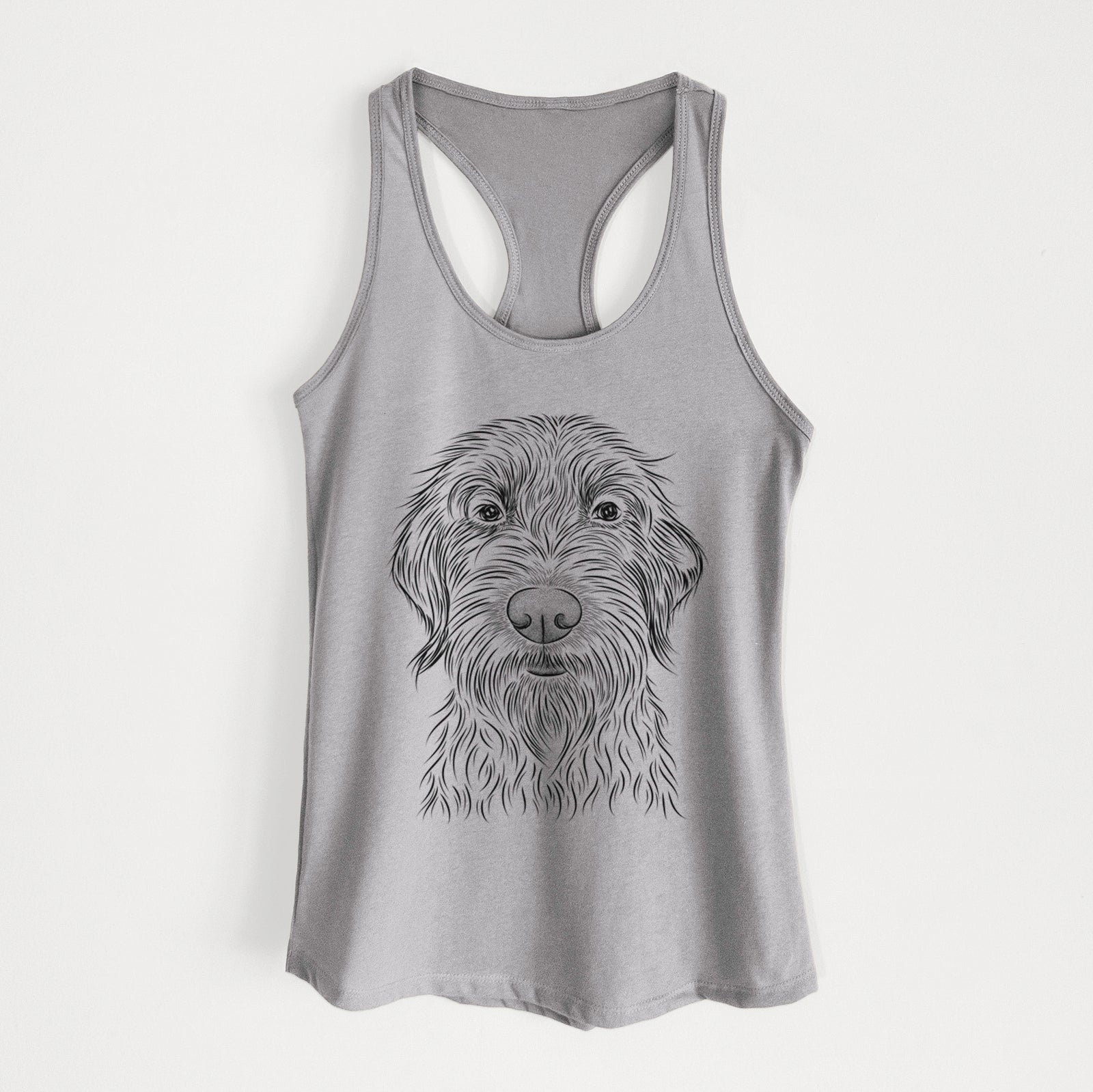 Hand-drawn sketch of Wilkins the Wirehaired Pointing Griffon on a Heather Grey Women's racerback tanktop