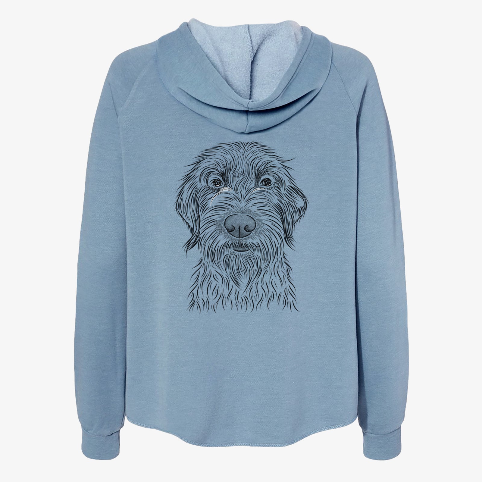 Hand-drawn sketch of Wilkins the Wirehaired Pointing Griffon on a Misty Blue Women's cali wave zip-up sweatshirt