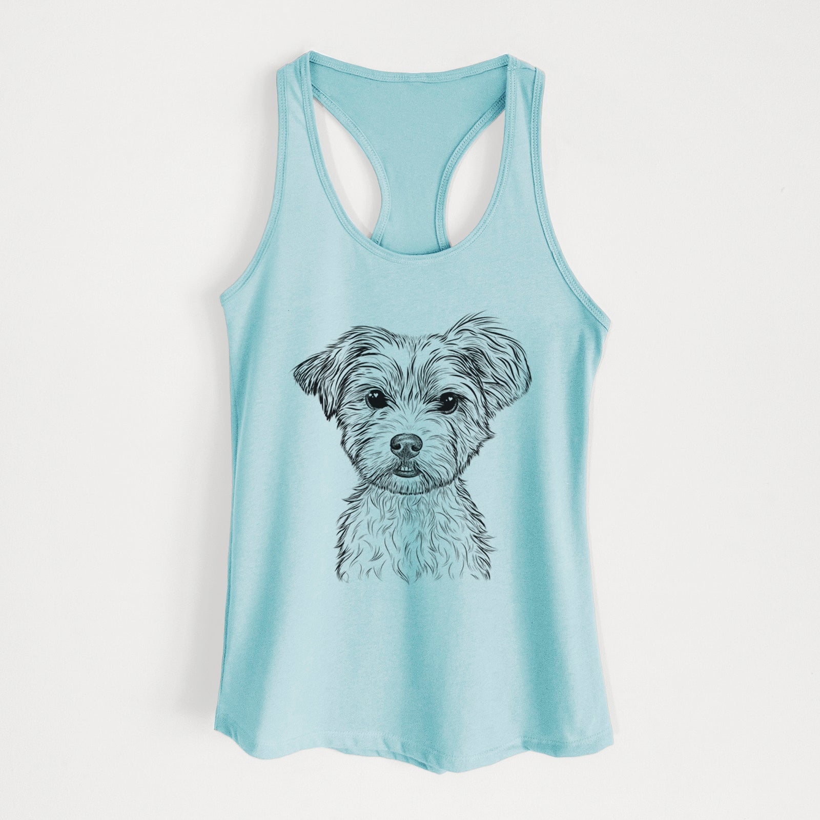 Hand-drawn sketch of William Mitchell Newman the Yorkshire Terrier on a Cancun Blue Women's racerback tanktop