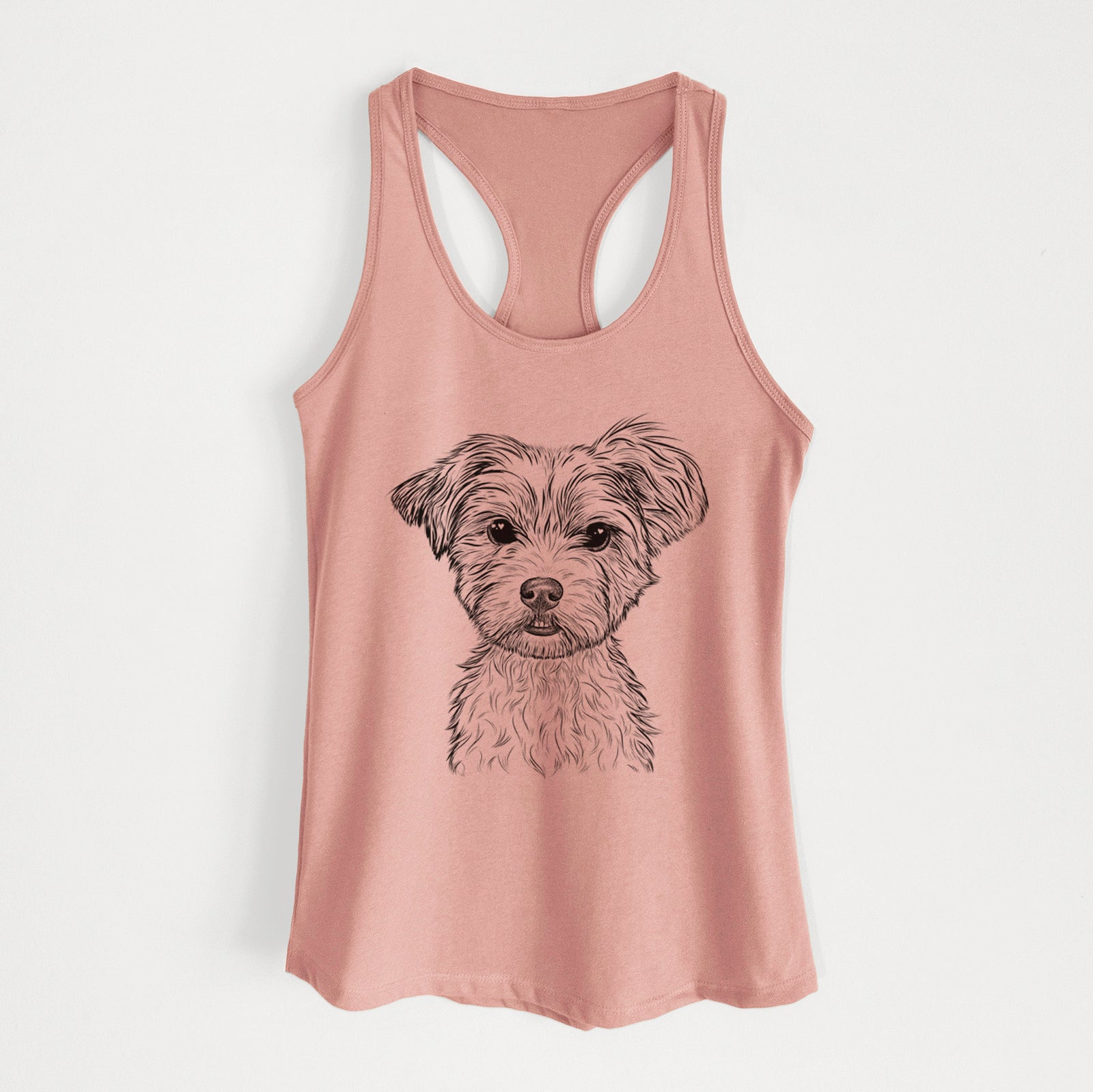 Hand-drawn sketch of William Mitchell Newman the Yorkshire Terrier on a Desert Pink Women's racerback tanktop