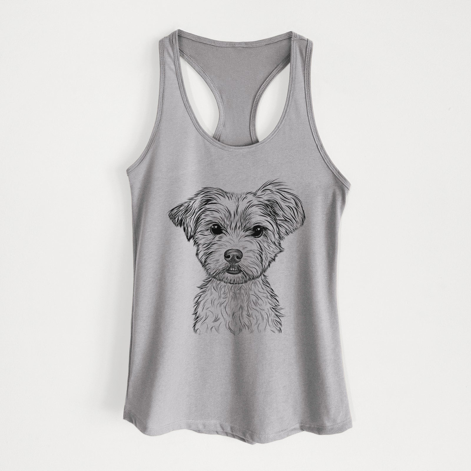 Hand-drawn sketch of William Mitchell Newman the Yorkshire Terrier on a Heather Grey Women's racerback tanktop