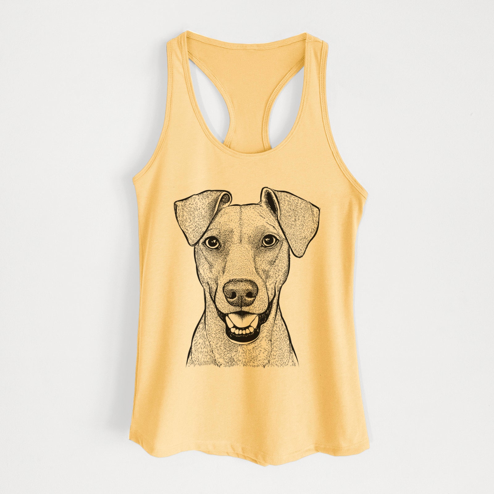 Hand-drawn sketch of Willow the German Pinscher on a Banana Cream Women's racerback tanktop