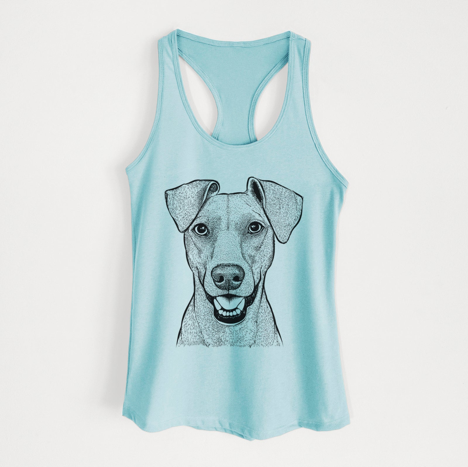 Hand-drawn sketch of Willow the German Pinscher on a Cancun Blue Women's racerback tanktop