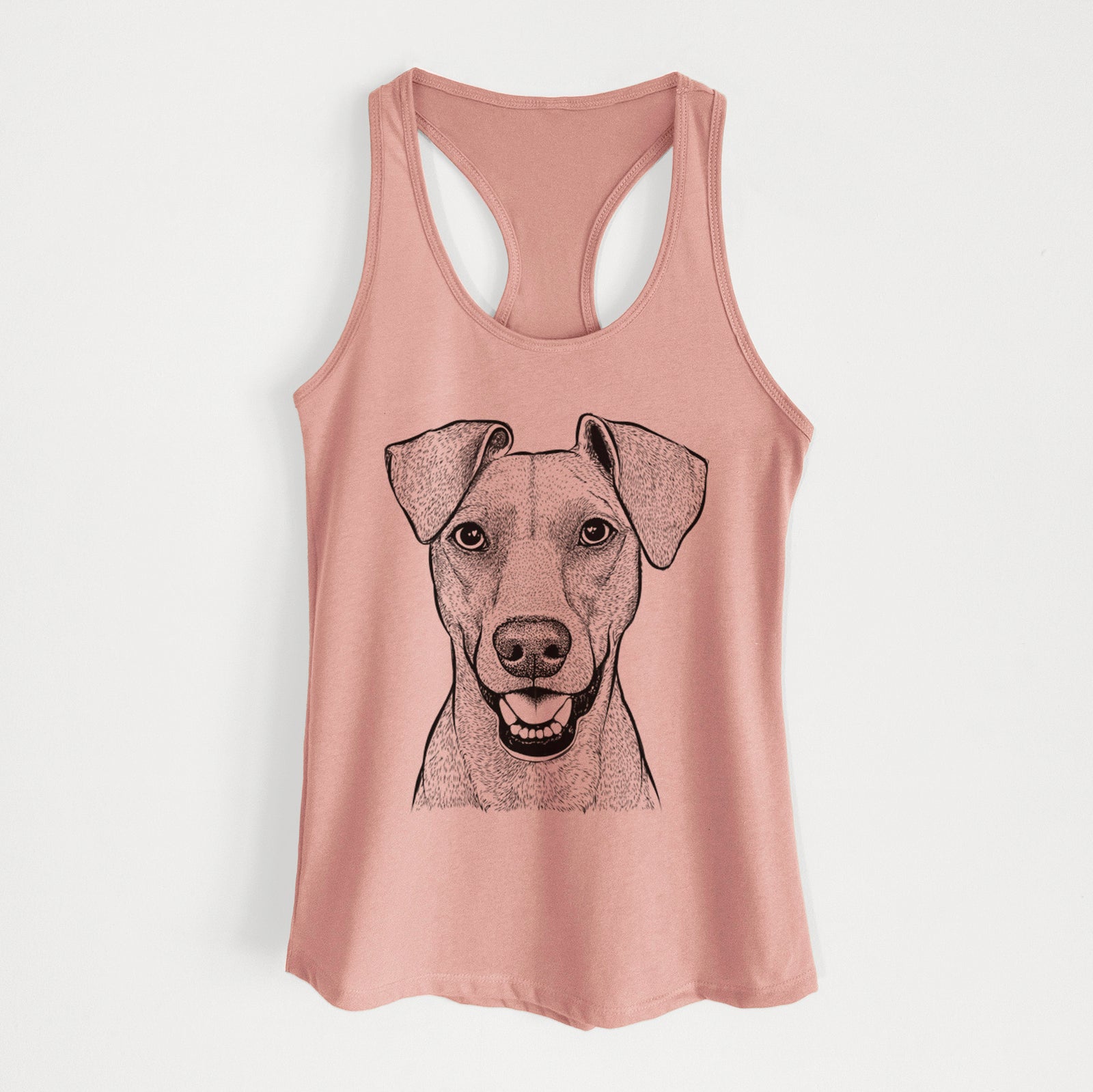 Hand-drawn sketch of Willow the German Pinscher on a Desert Pink Women's racerback tanktop