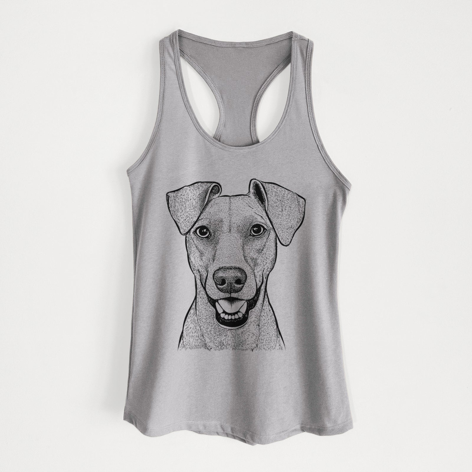 Hand-drawn sketch of Willow the German Pinscher on a Heather Grey Women's racerback tanktop