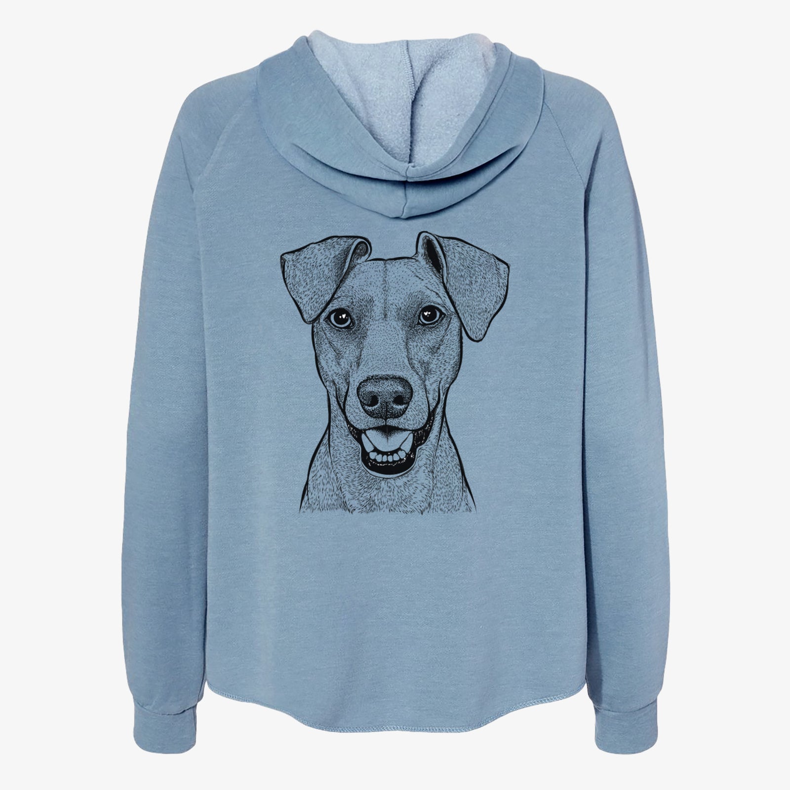 Hand-drawn sketch of Willow the German Pinscher on a Misty Blue Women's cali wave zip-up sweatshirt