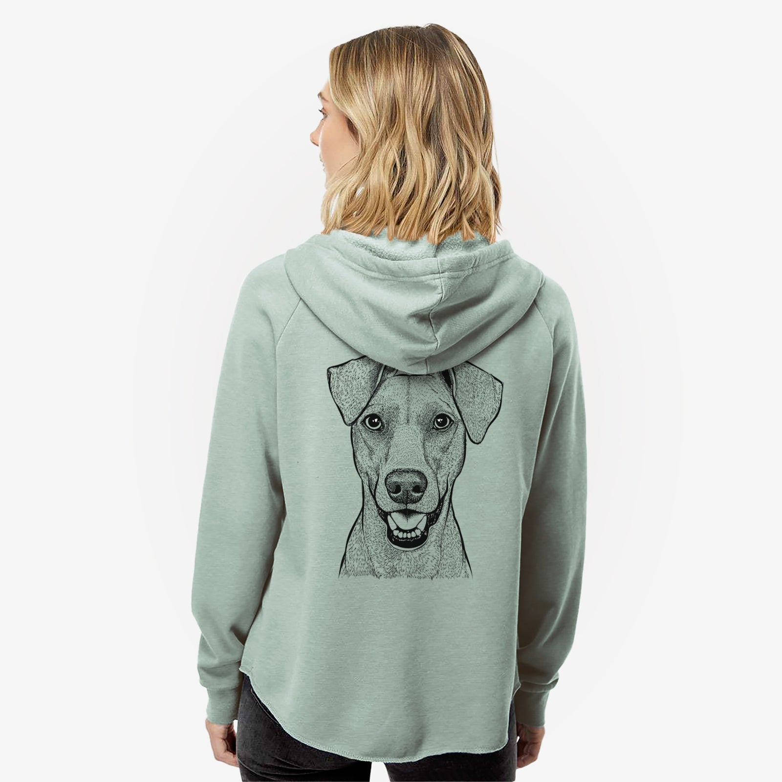 Hand-drawn sketch of Willow the German Pinscher on a Sage Women's cali wave zip-up sweatshirt