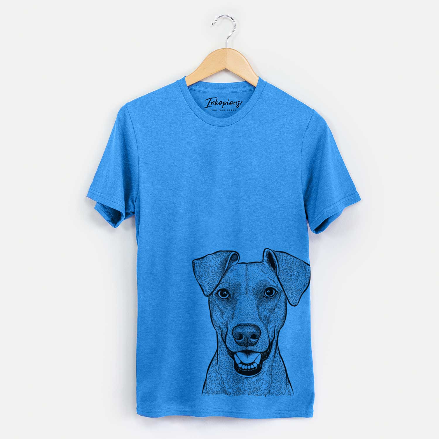 Hand-drawn sketch of Willow the German Pinscher on a Blue Unisex crewneck