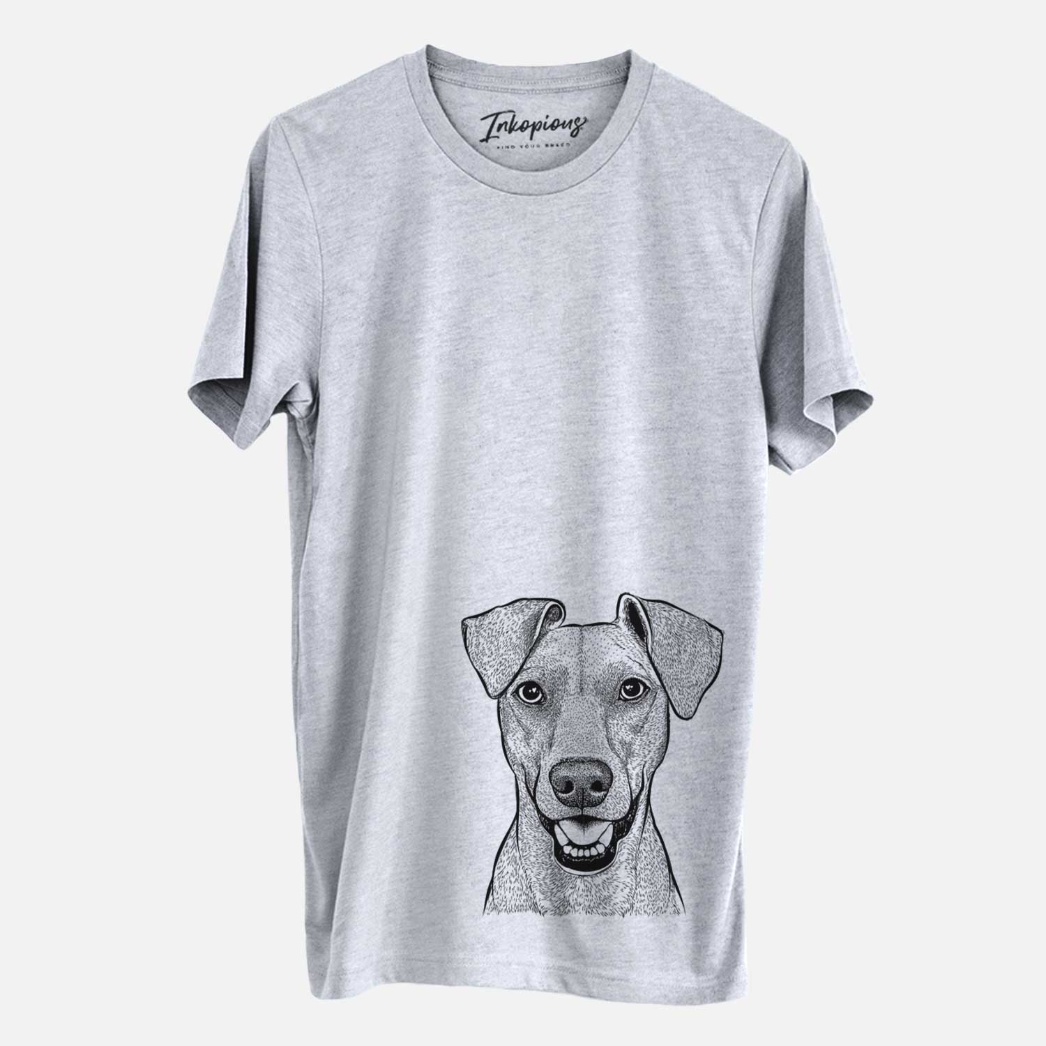 Hand-drawn sketch of Willow the German Pinscher on a Grey Unisex crewneck